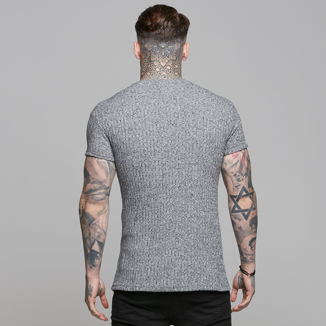 Classic Grey Ribbed Knit Super Slim Long Line Crew- FSH173