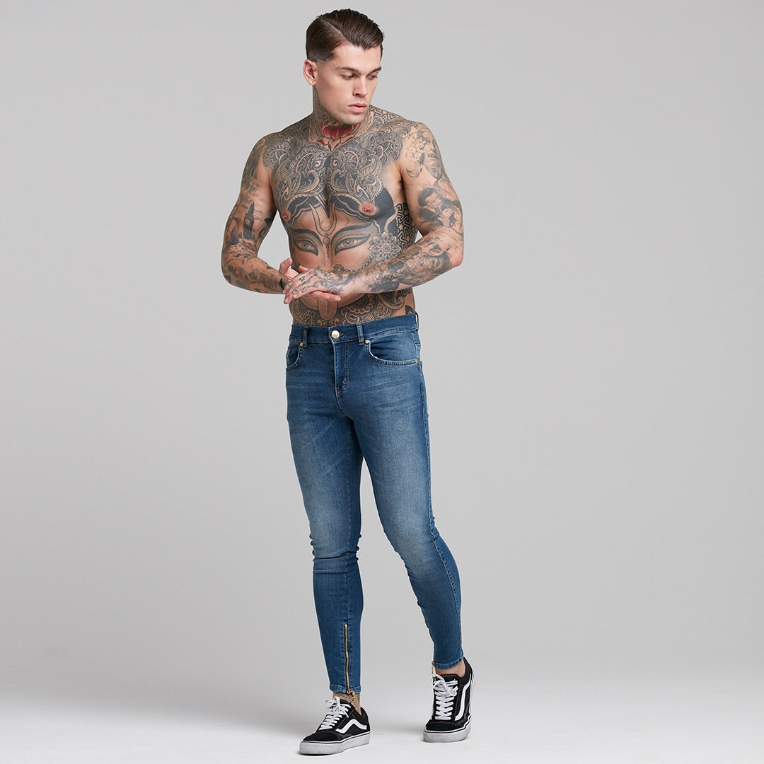 Zipped Ankle Plain Slim Stretch Blue Jeans - FSH181