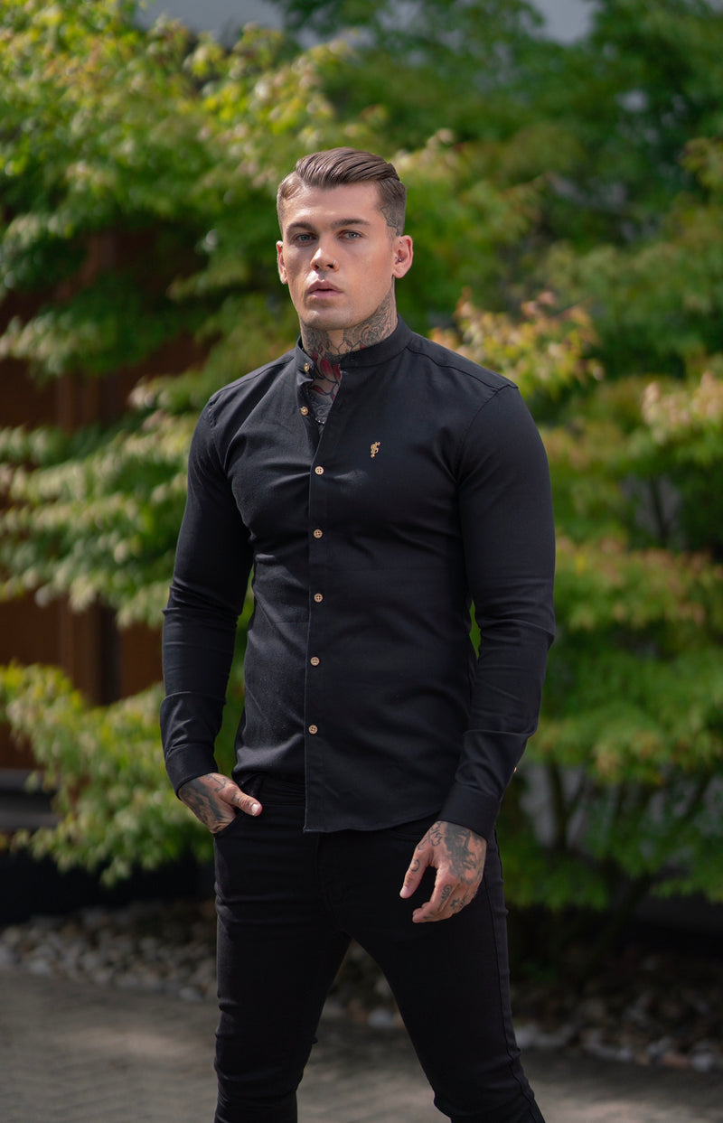 Father Sons Super Slim Stretch Black Denim Long Sleeve Grandad collar with Metal Buttons and Decal Emblem - FS707