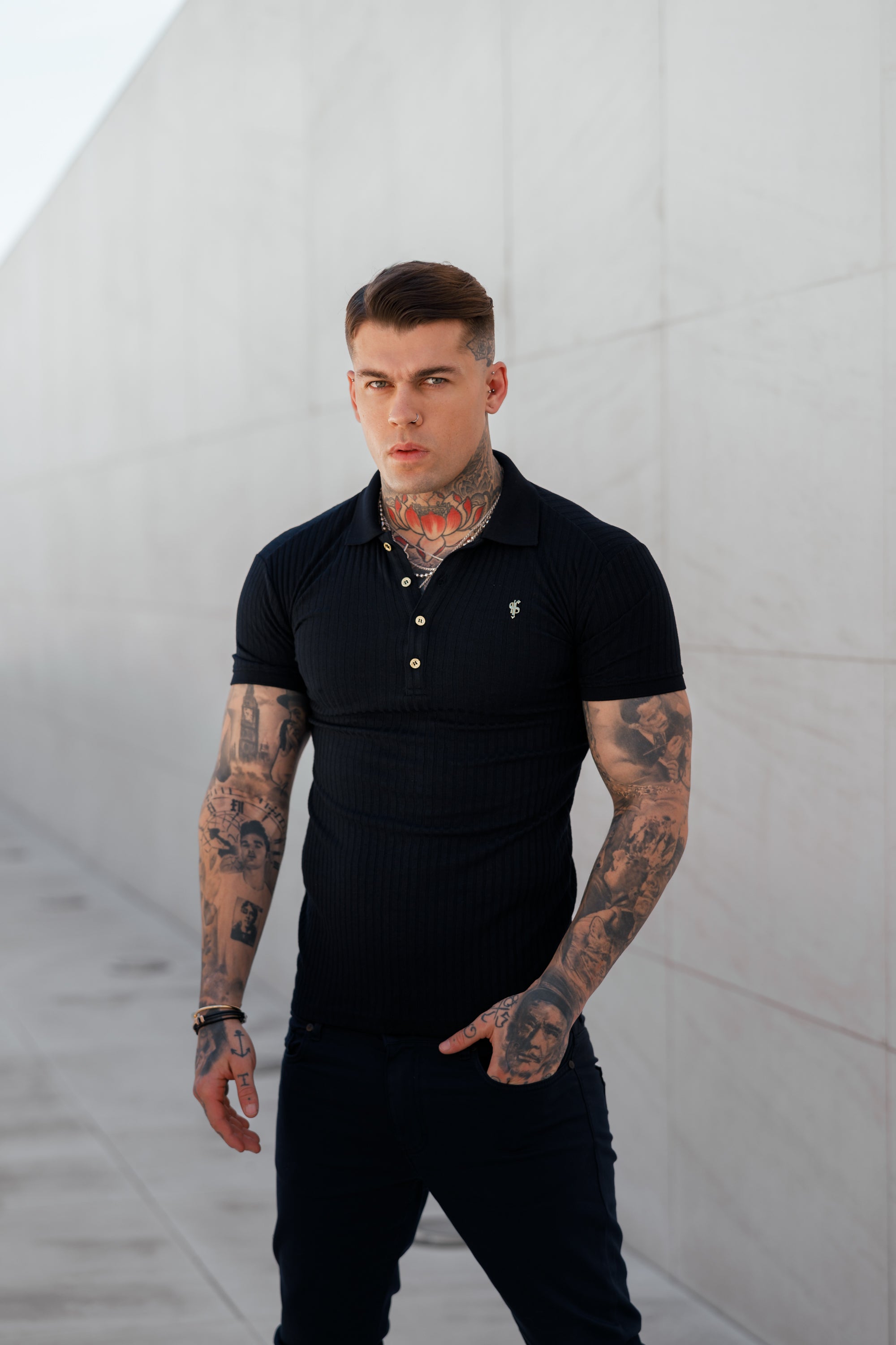 Classic Navy Ribbed Polo Shirt with Gold Metal Emblem Decal & Buttons- FSH694