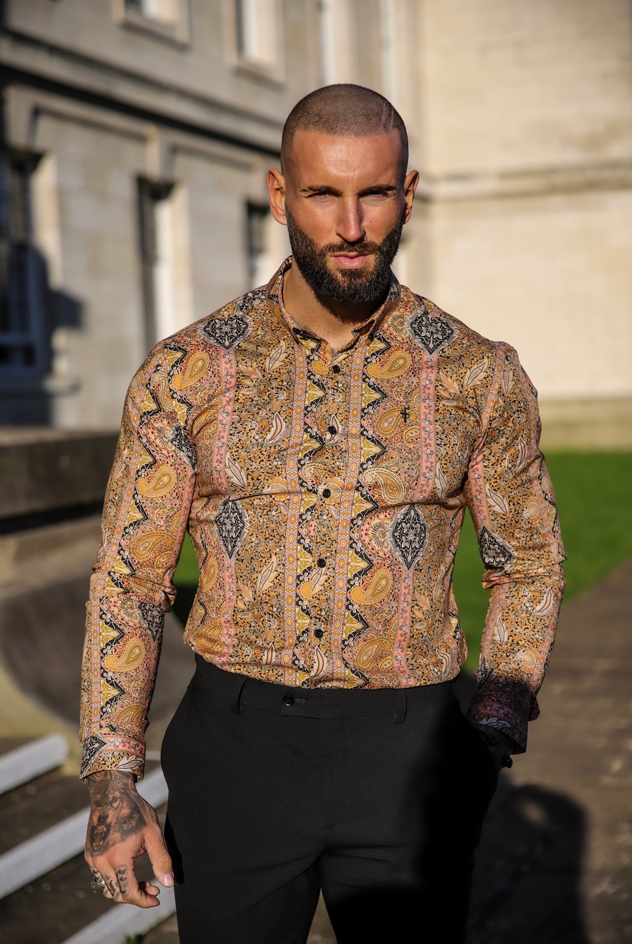 Super Slim Stretch Tan Paisley Print Long Sleeve with Button Down Collar - FS892