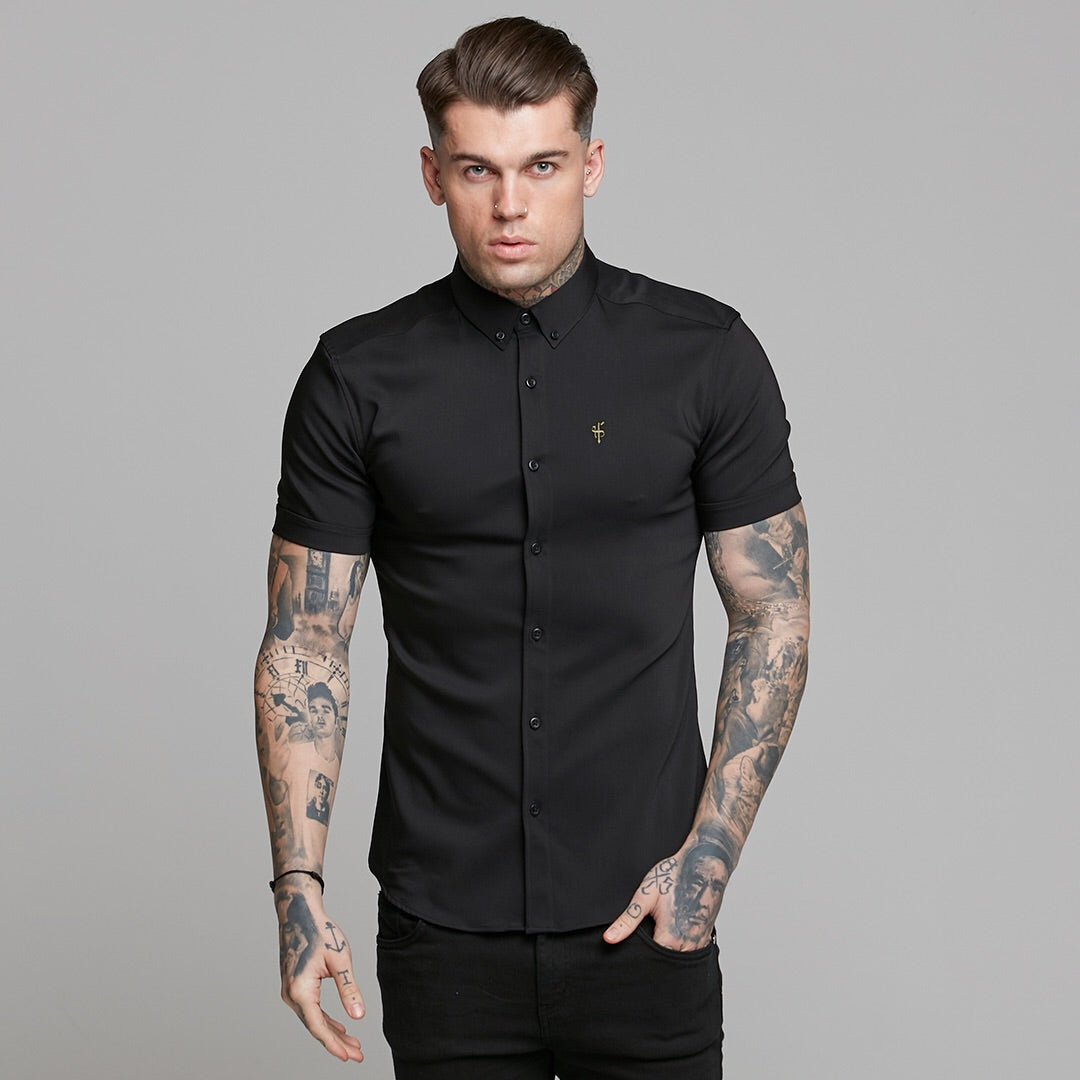 Super Slim Ultra Stretch Classic Black Short Sleeve (Khaki Embroidery) -  FS481