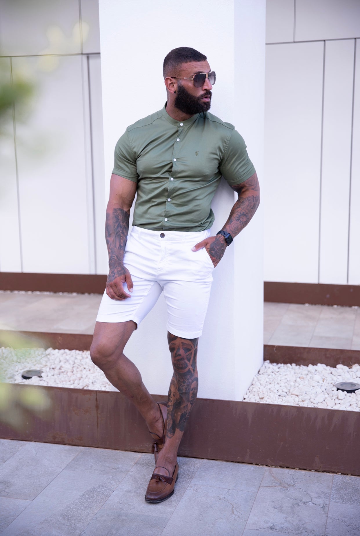 Super Slim Luxe Ultra Stretch Khaki Short Sleeve with Grandad Collar -  FS781