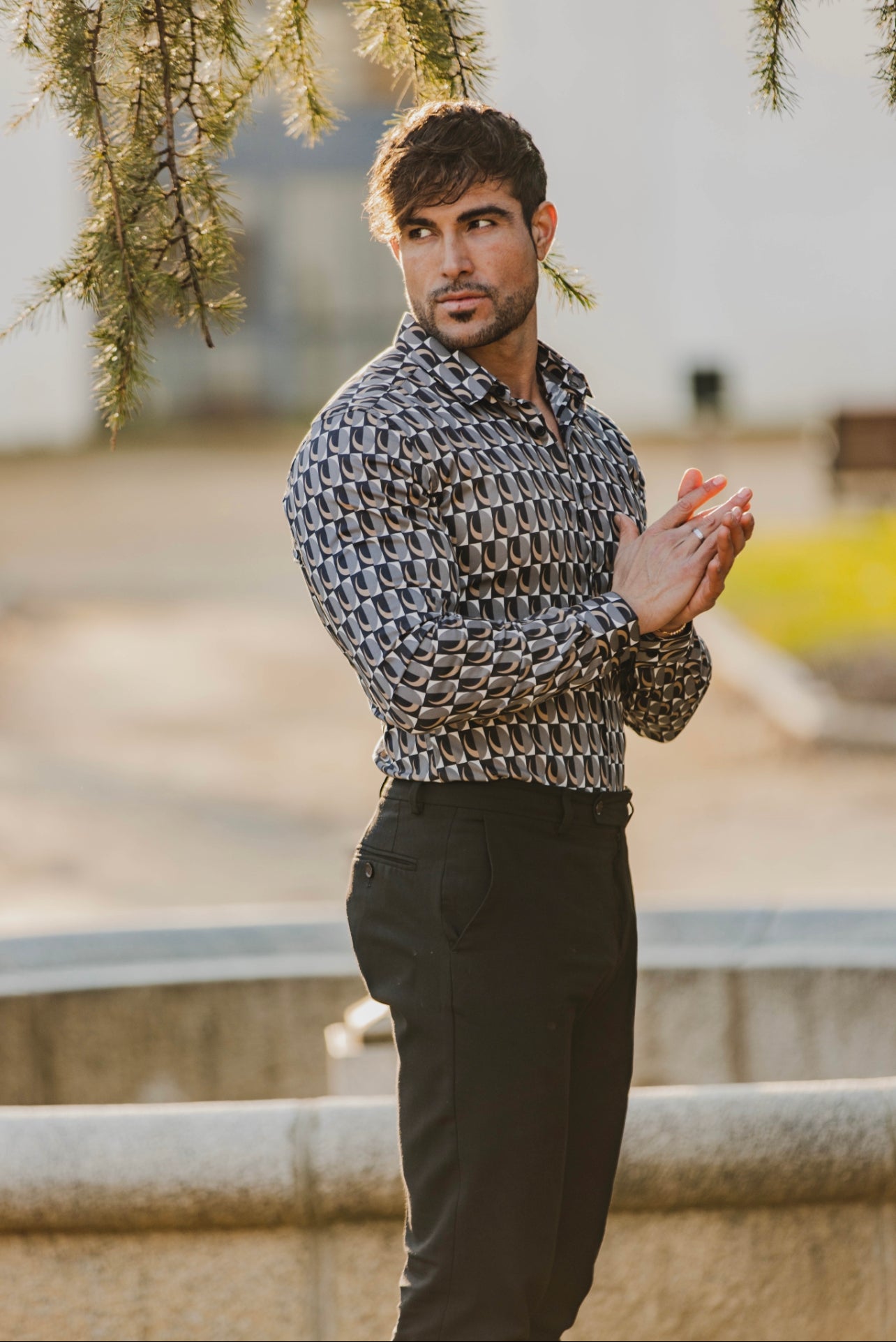 Super Slim Stretch Black Multi Retro Print Long Sleeve with Button Down Collar - FS910