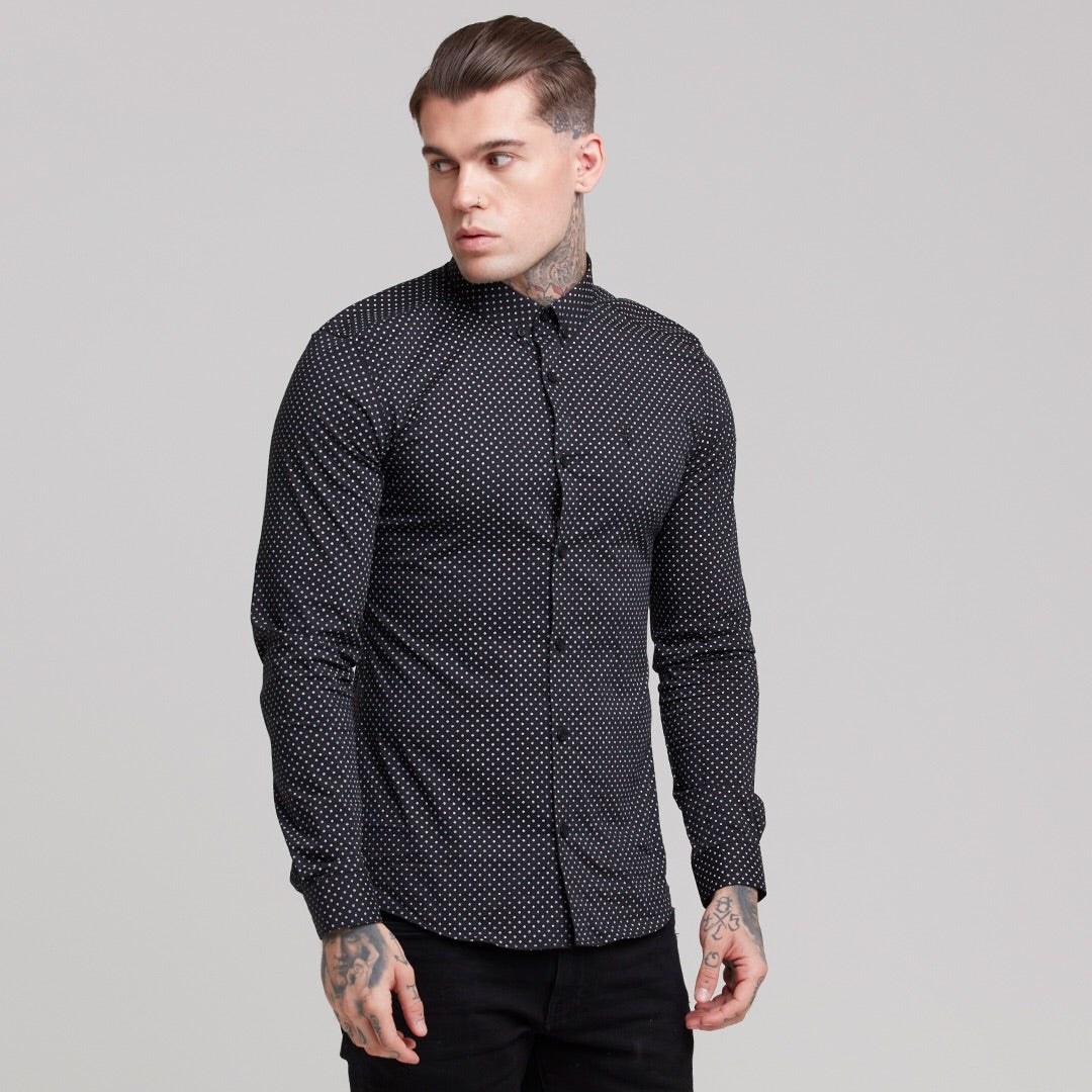 Super Slim Stretch Black & White Ditsy Print Long Sleeve FS414