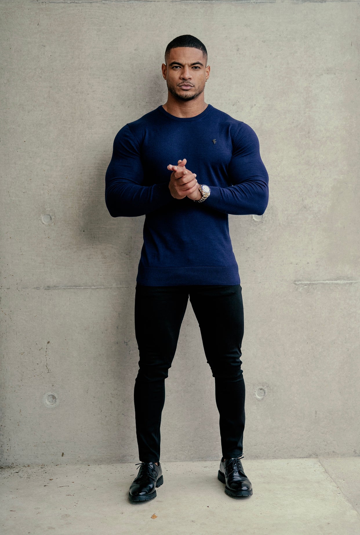 Classic Navy Crew Neck Knitted Jumper with Gunmetal Emblem - FSH669