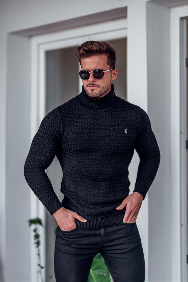 Father Sons Black Knitted Roll Neck Weave Super Slim Sweater With Metal Decal - FSJ024