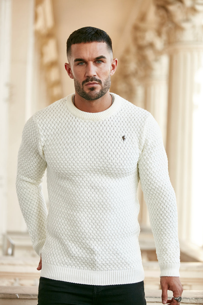 Father Sons Cream Knitted Weave Super Slim Sweater With Metal Decal - FSJ012