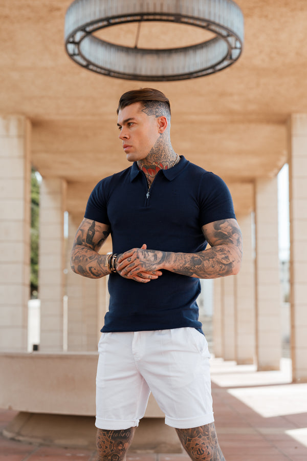 Father Sons Classic Navy Merino Wool Knitted Zip Polo Short Sleeve Sweater With FS Embroidery- FSN027