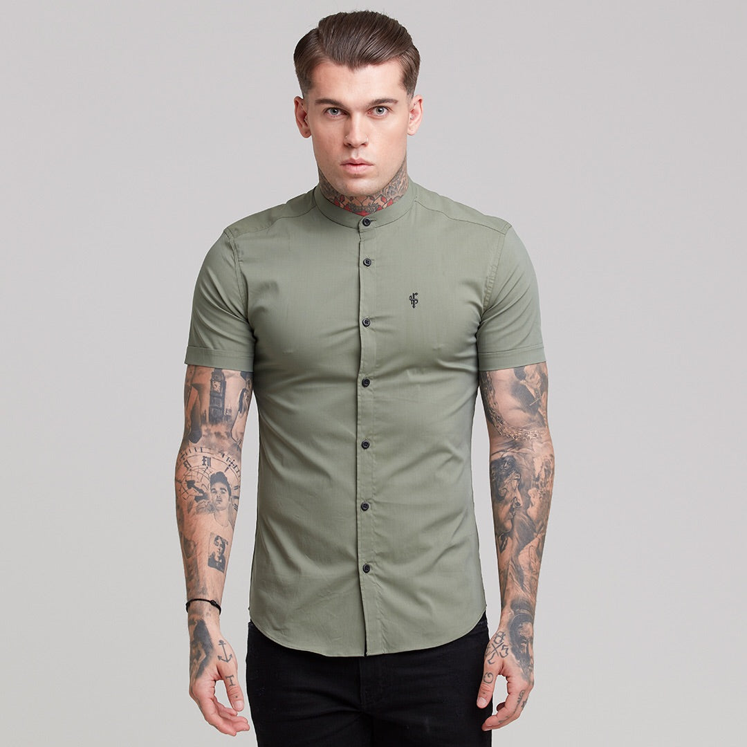 Super Slim Stretch Classic Khaki Grandad Collar Short Sleeve - FS291