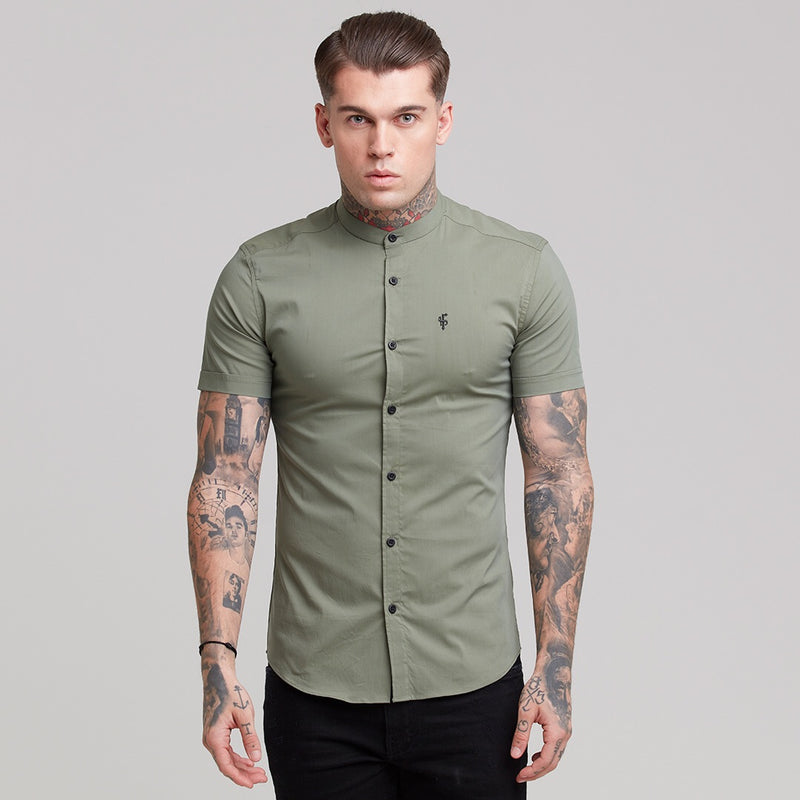 Father Sons Super Slim Stretch Classic Khaki Grandad Collar Short Sleeve - FS291