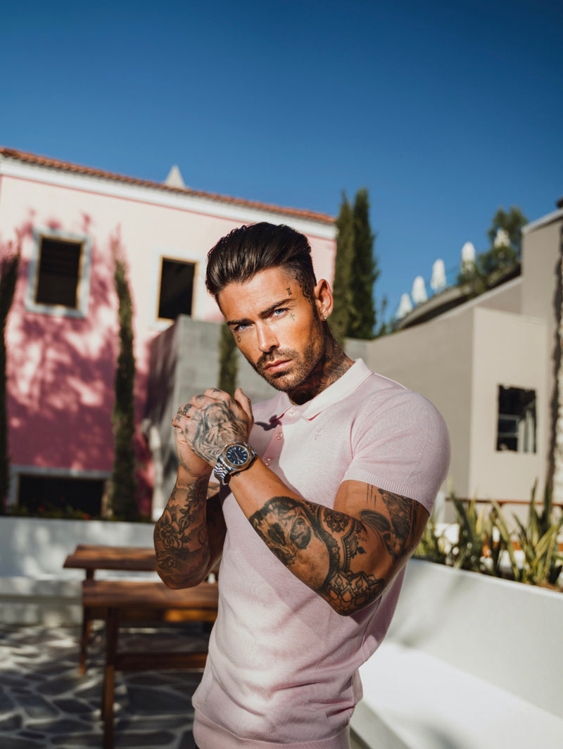 Father Sons Classic Pale Pink Merino Wool Knitted Polo Sweater Short Sleeve With FS Embroidery- FSN028