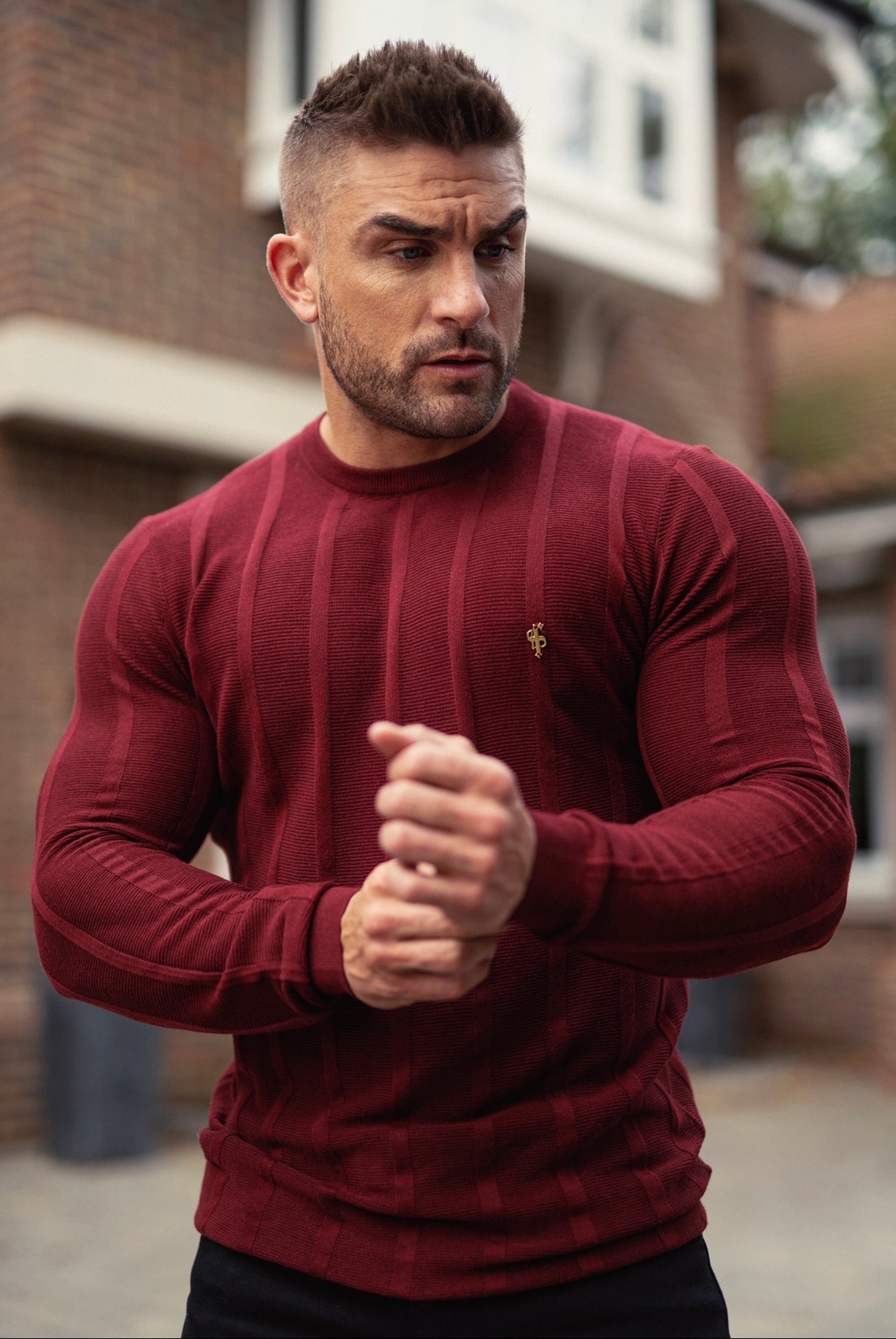 Classic Long Sleeve Burgundy Knitted Wide Rib Crew with Gold Emblem - FSH602