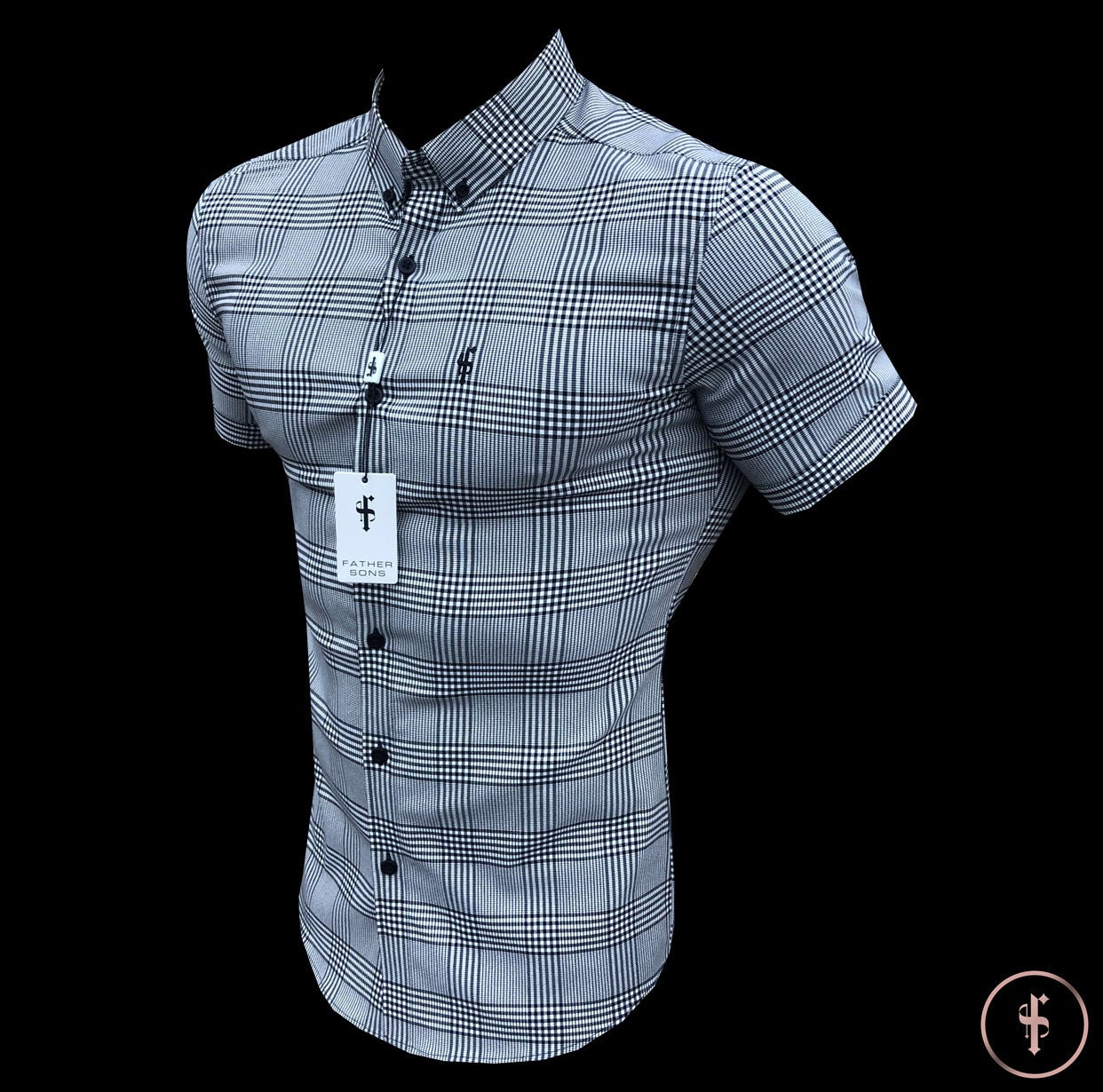 Super Slim Stretch Prince Of Wales White and Black Check Short Sleeve - FS460