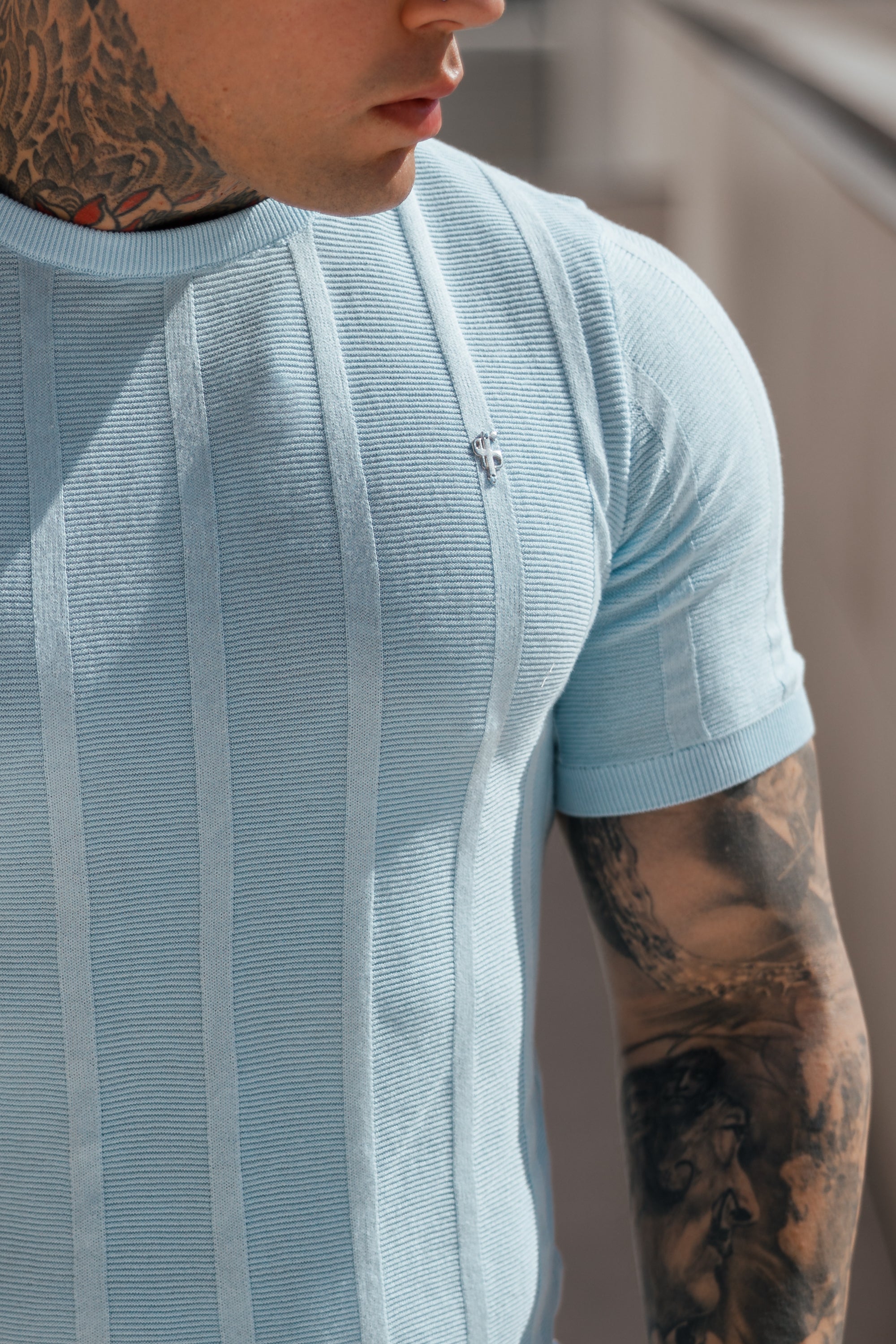 Classic Short Sleeve Baby Blue Knitted Wide Rib Crew with Silver Emblem - FSH739