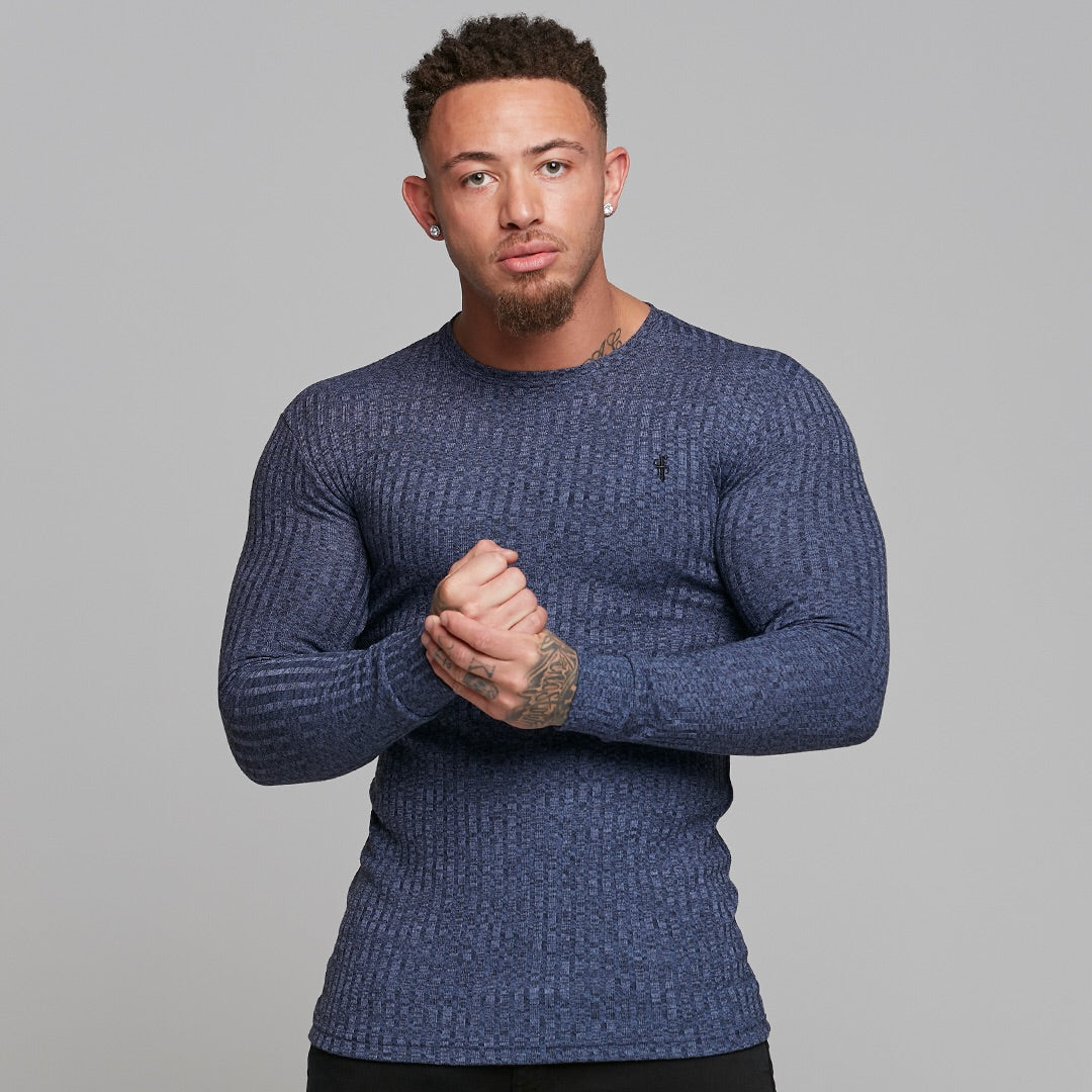 Classic Navy Ribbed Knit Super Slim Crew - FSH114
