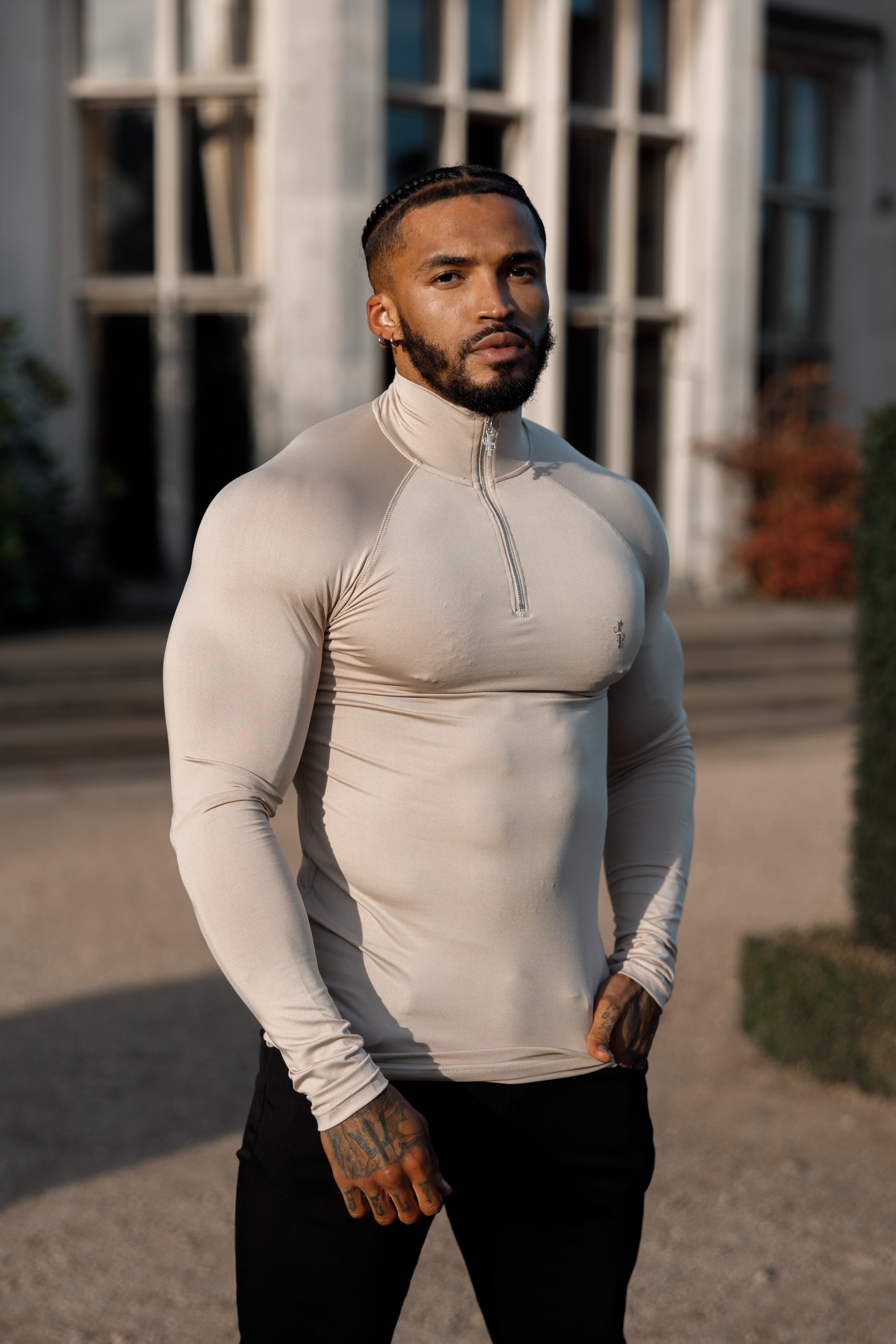 Long Sleeve Beige Half Zip Gym Top - FSH749