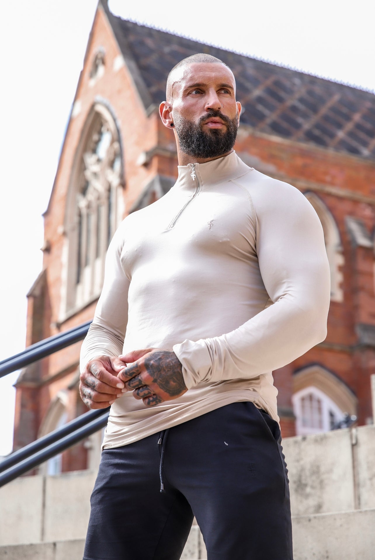 Long Sleeve Beige Half Zip Gym Top - FSH749