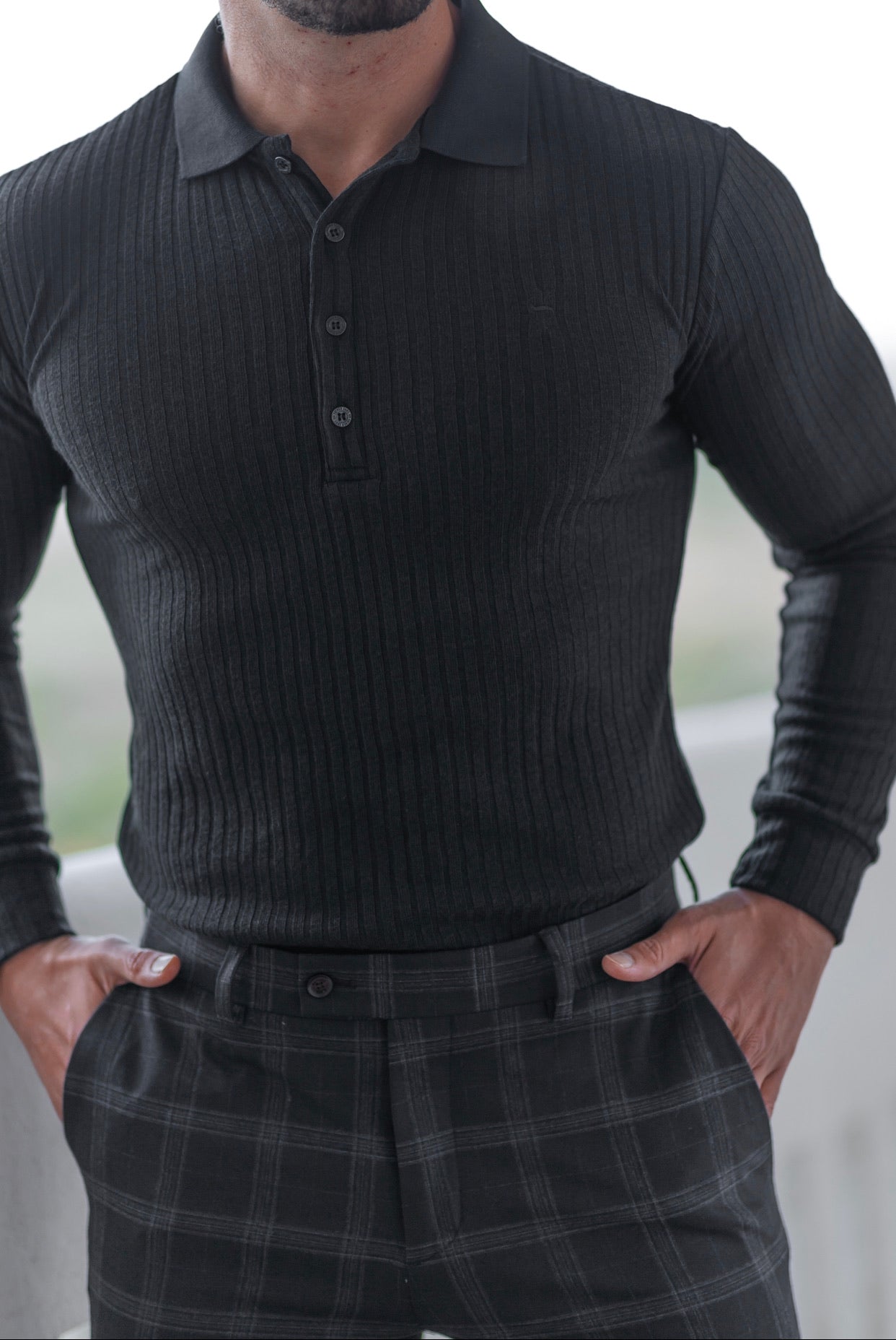 Super Slim Black Ribbed Polo Shirt Long Sleeve - FSH582
