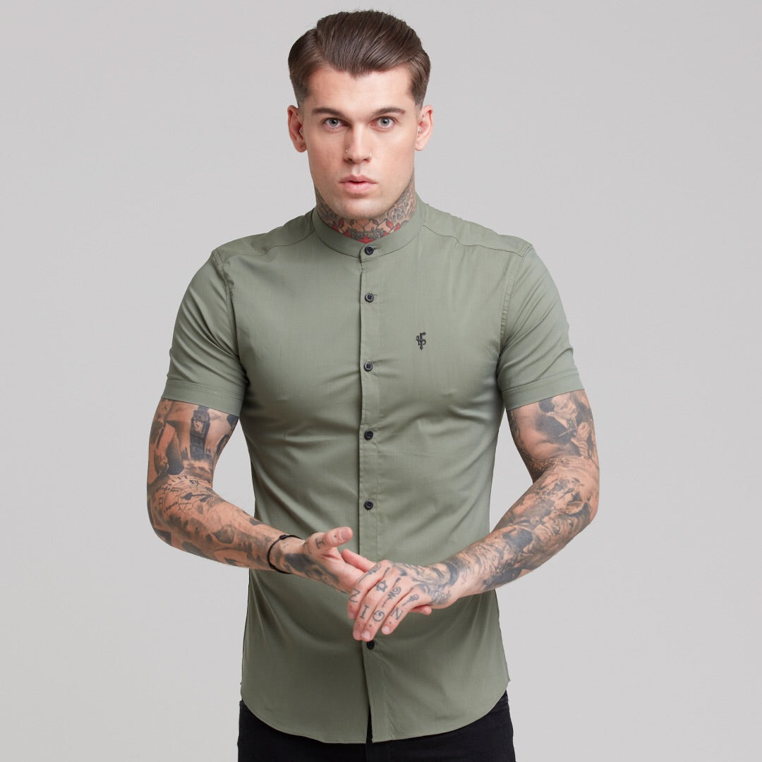 Super Slim Stretch Classic Khaki Grandad Collar Short Sleeve - FS291