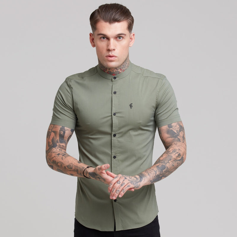 Father Sons Super Slim Stretch Classic Khaki Grandad Collar Short Sleeve - FS291