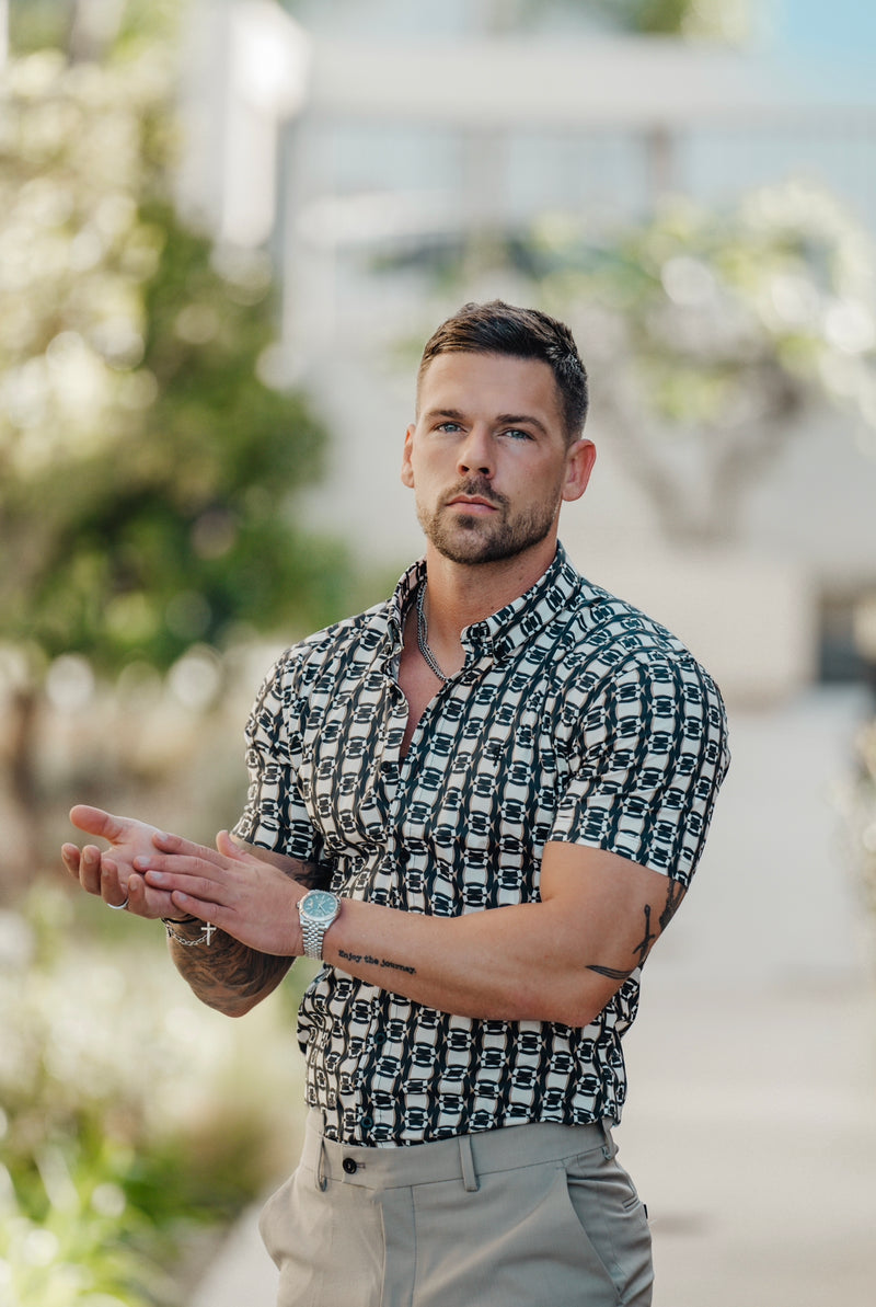 Father Sons Super Slim Stretch Black / Cream / Taupe Link Print Short Sleeve with Button Down Collar - FS849