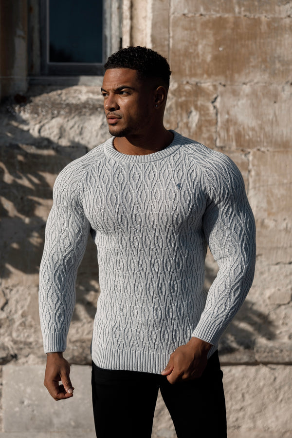 Father Sons Silver Grey Knitted Elongated Diamond Crew Super Slim Raglan Sweater With Metal Decal - FSN053