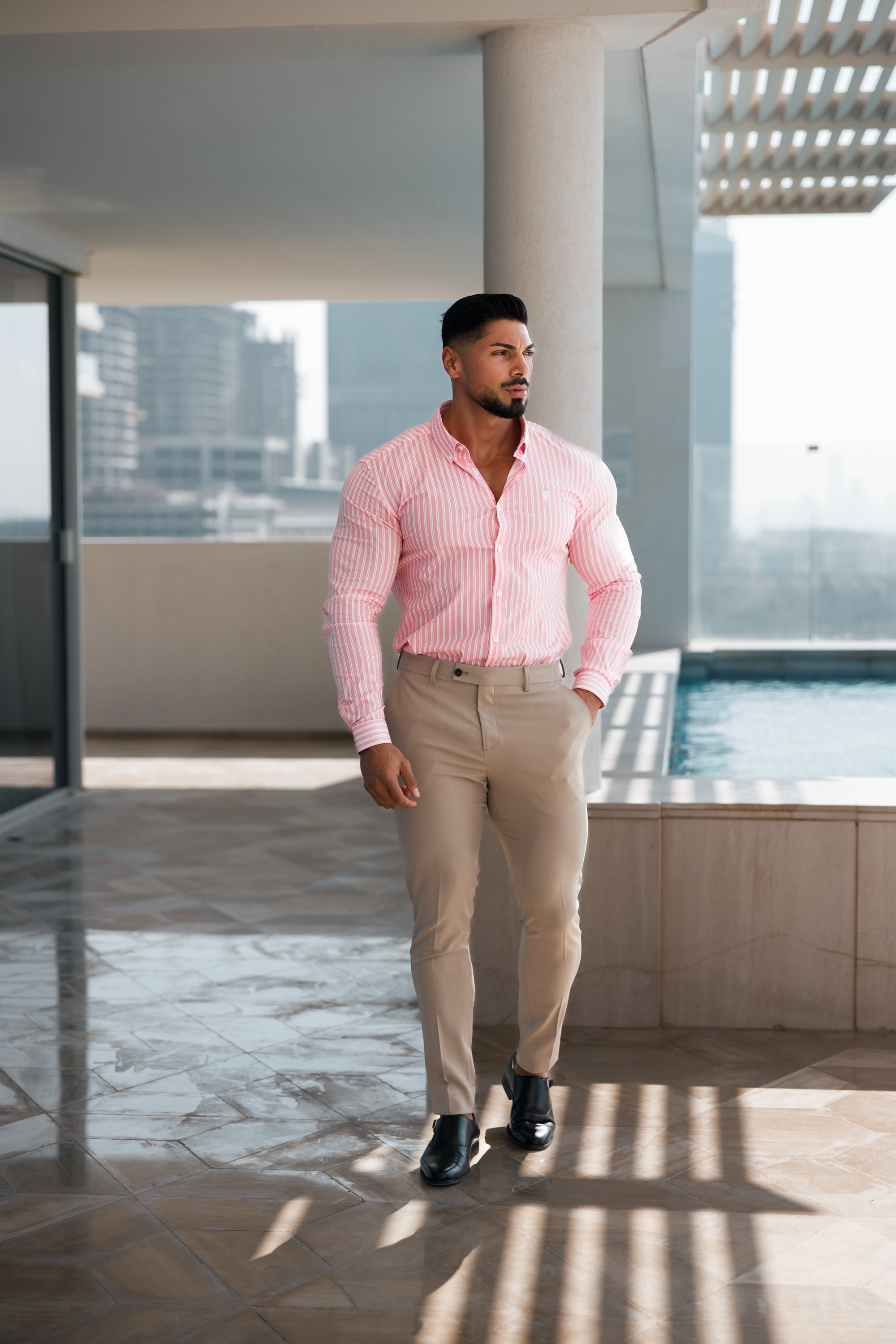 Super Slim Stretch White / Pink Stripe Print Long Sleeve with Button Down Collar - FS888