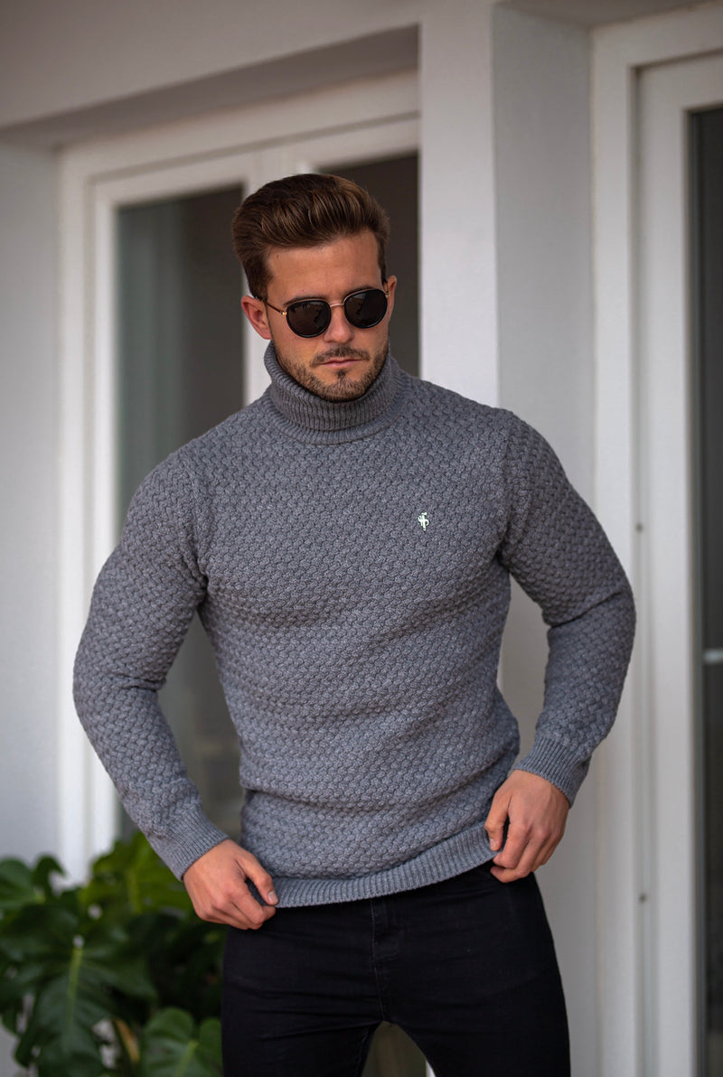 Father Sons Charcoal Knitted Roll Neck Weave Super Slim Sweater With Metal Decal - FSJ027