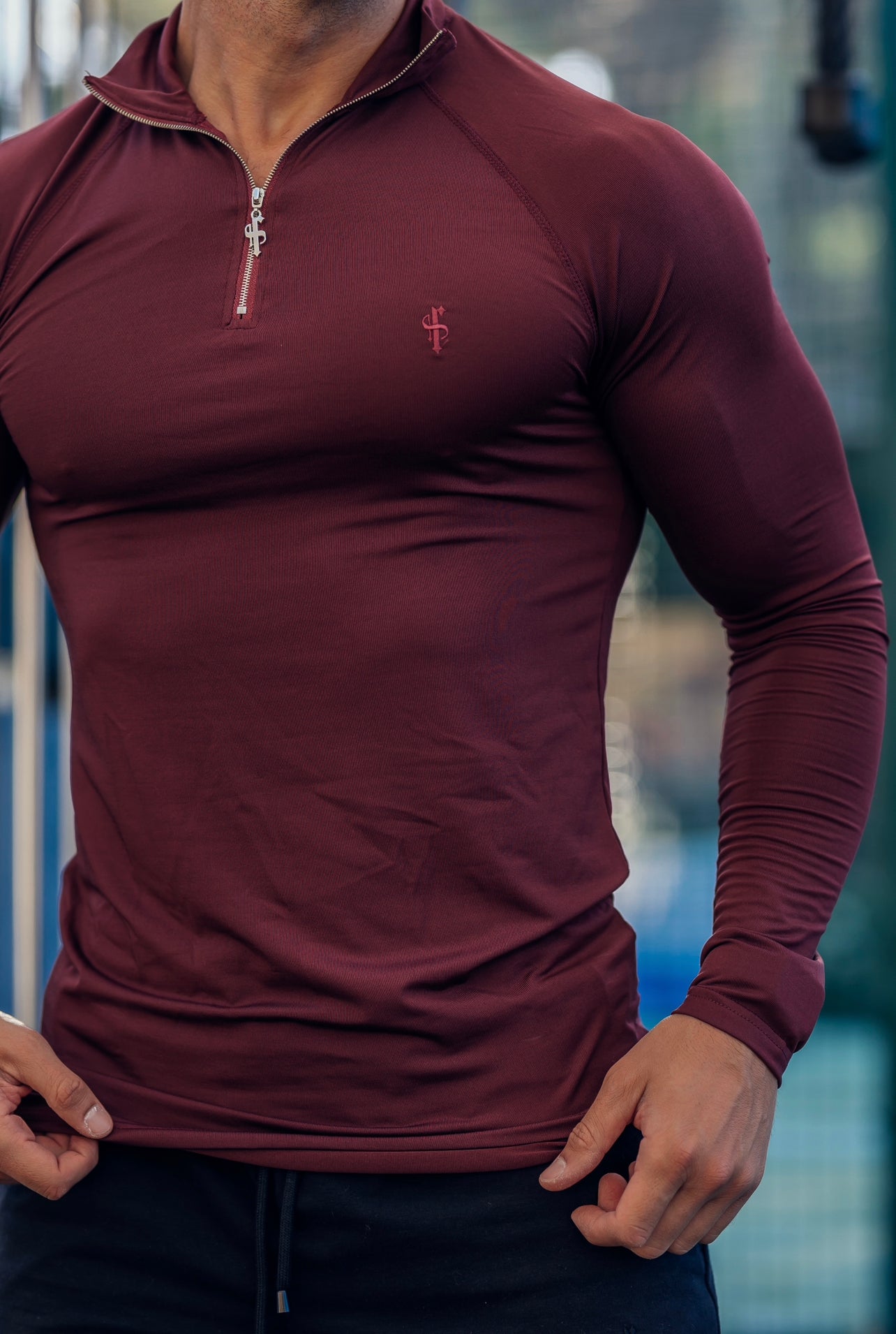 Long Sleeve Burgundy Half Zip Gym Top - FSH733