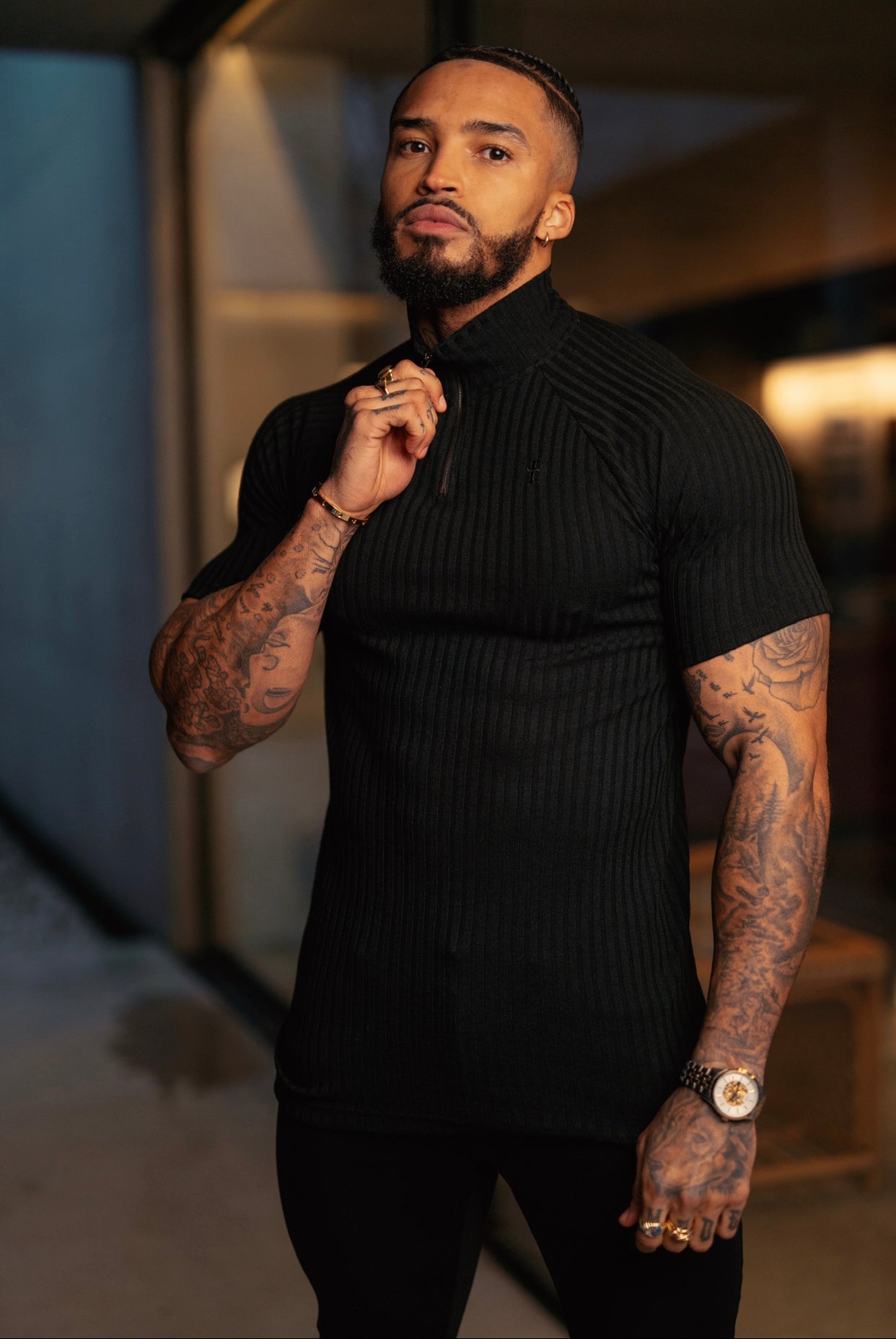 Classic Black Ribbed Zip Funnel Neck Raglan Short Sleeve Crew - FSH729