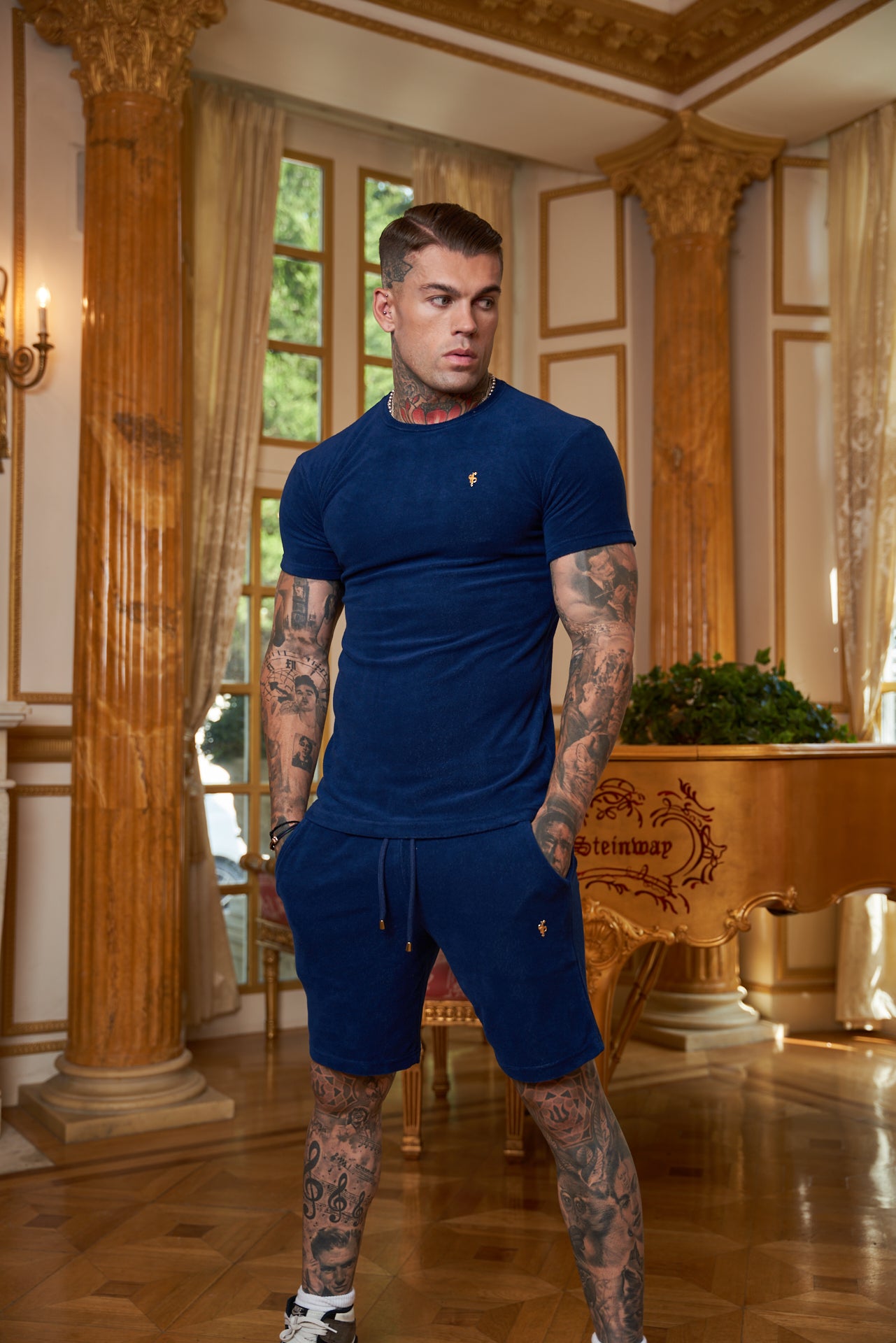 New French Navy Towelling Crew T Shirt - FSH655