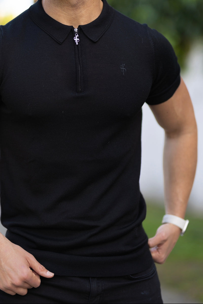 Father Sons Classic Black Merino Wool Knitted Zip Polo Short Sleeve Sweater With FS Embroidery- FSN023