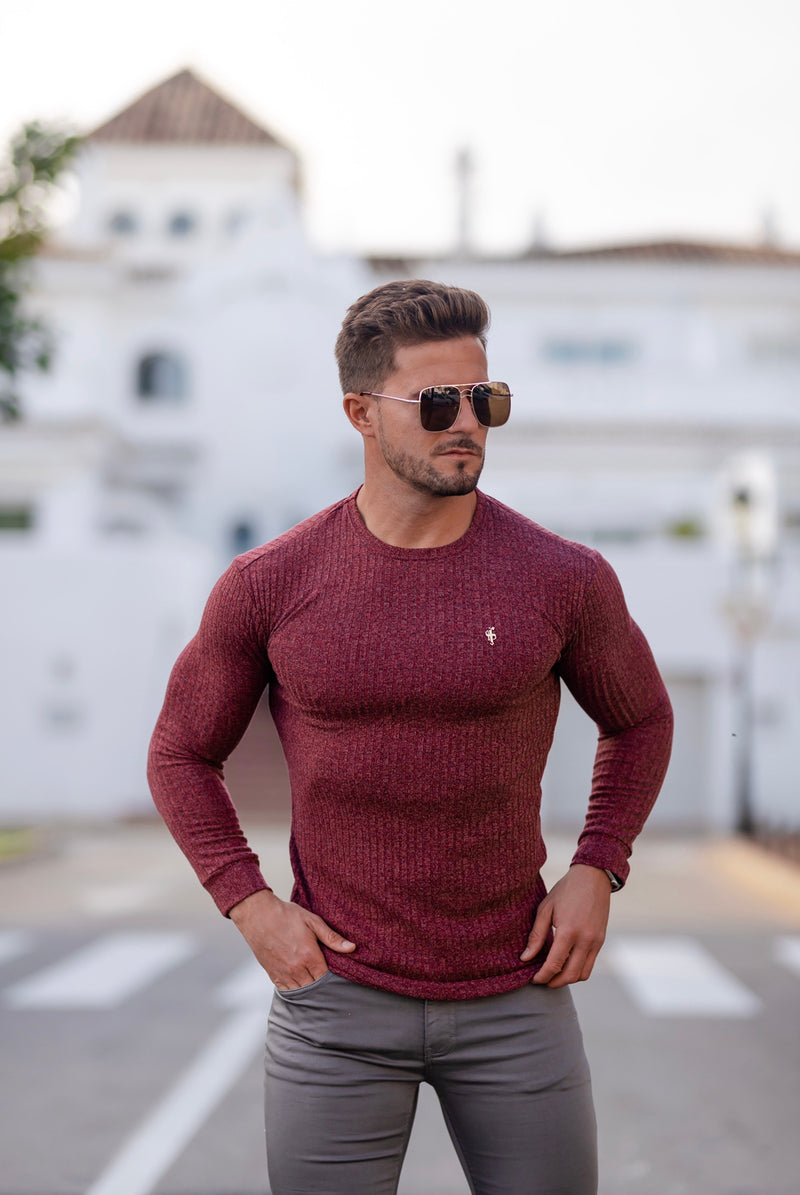 Father Sons Classic Claret Ribbed Knit Sweater With Gold Metal Emblem - FSH538