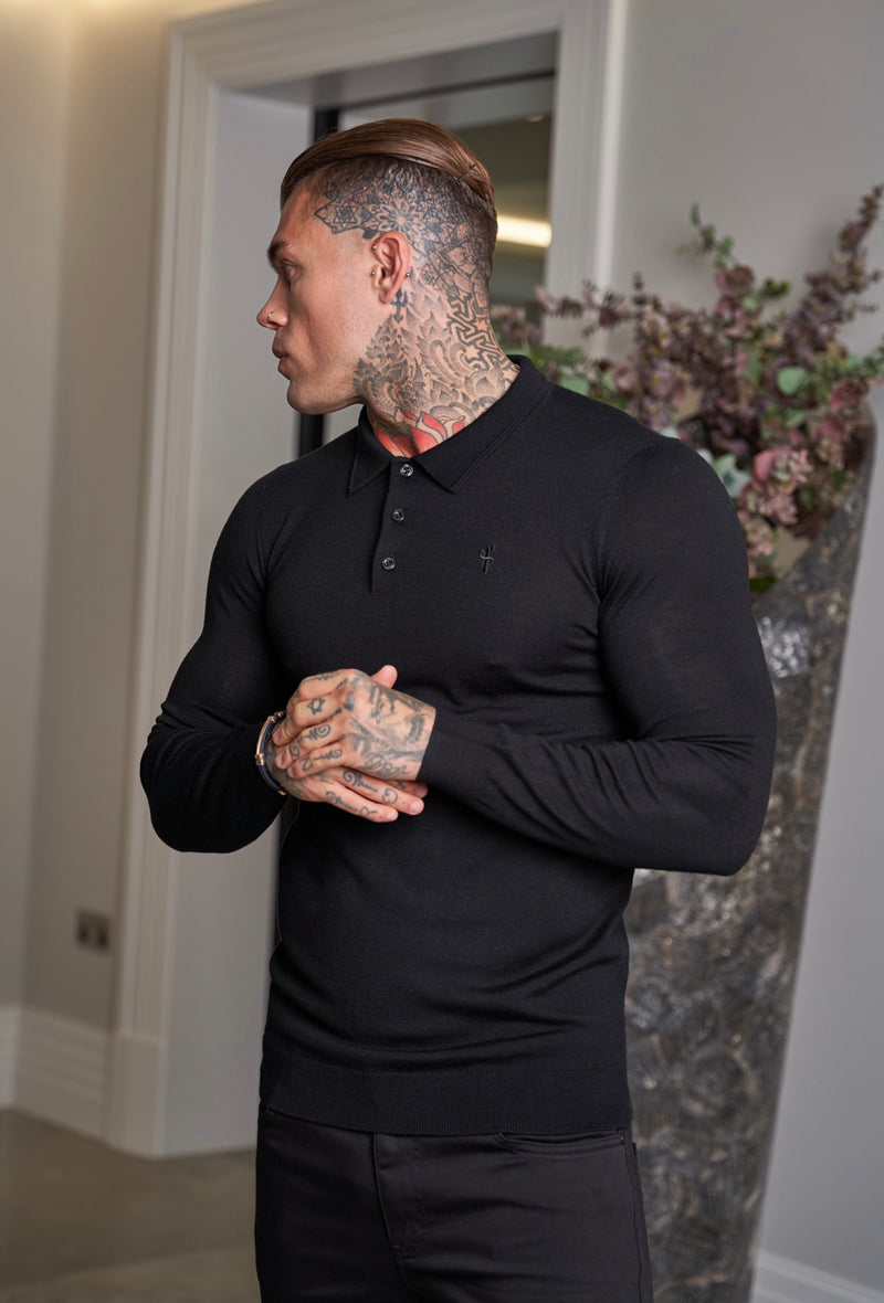 Father Sons Classic Black Merino Wool Knitted Polo Sweater Long Sleeve With FS Embroidery- FSN014