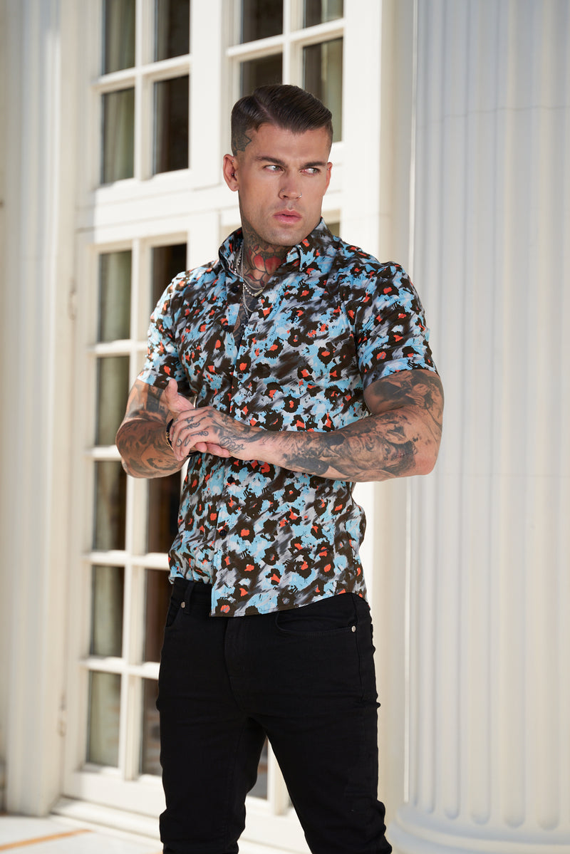 Father Sons Super Slim Stretch Multi Colour Abstract Leopard Print Short Sleeve with Button Down Collar - FS790