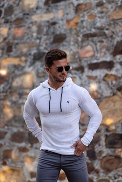Father Sons Classic White Ribbed Knit Hoodie Jumper With Black Decal - FSH540