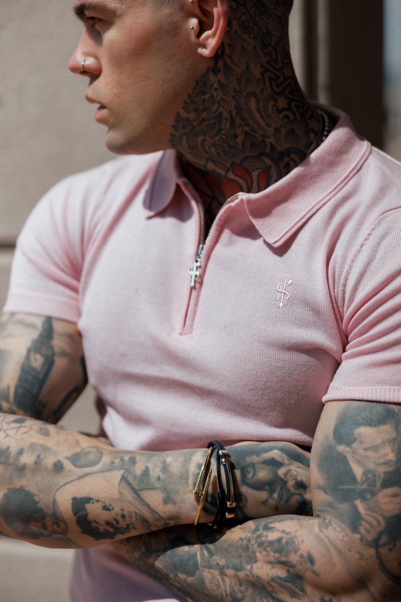 Father Sons Classic Pale Pink Merino Wool Knitted Zip Polo Short Sleeve Sweater With FS Embroidery- FSN029