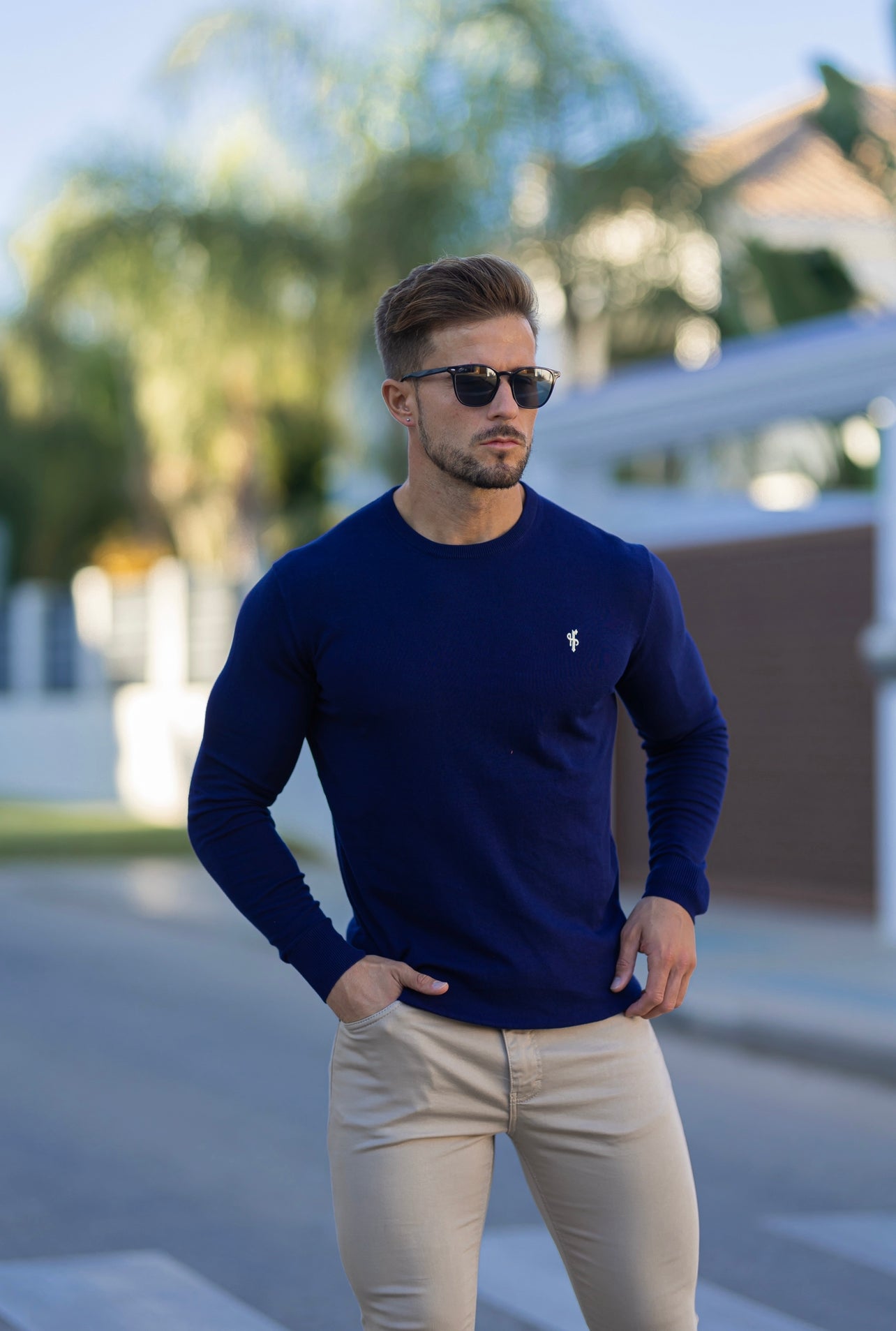 Father Sons Classic Navy Crew Neck Knitted Sweater with Yellow Embroidery - FSN089