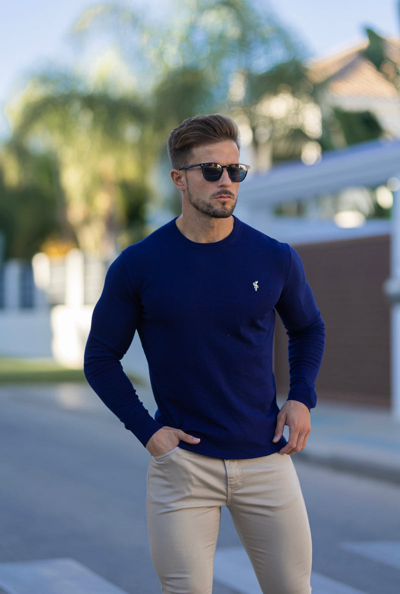 Father Sons Classic Navy Crew Neck Knitted Sweater with Yellow Embroidery - FSN089