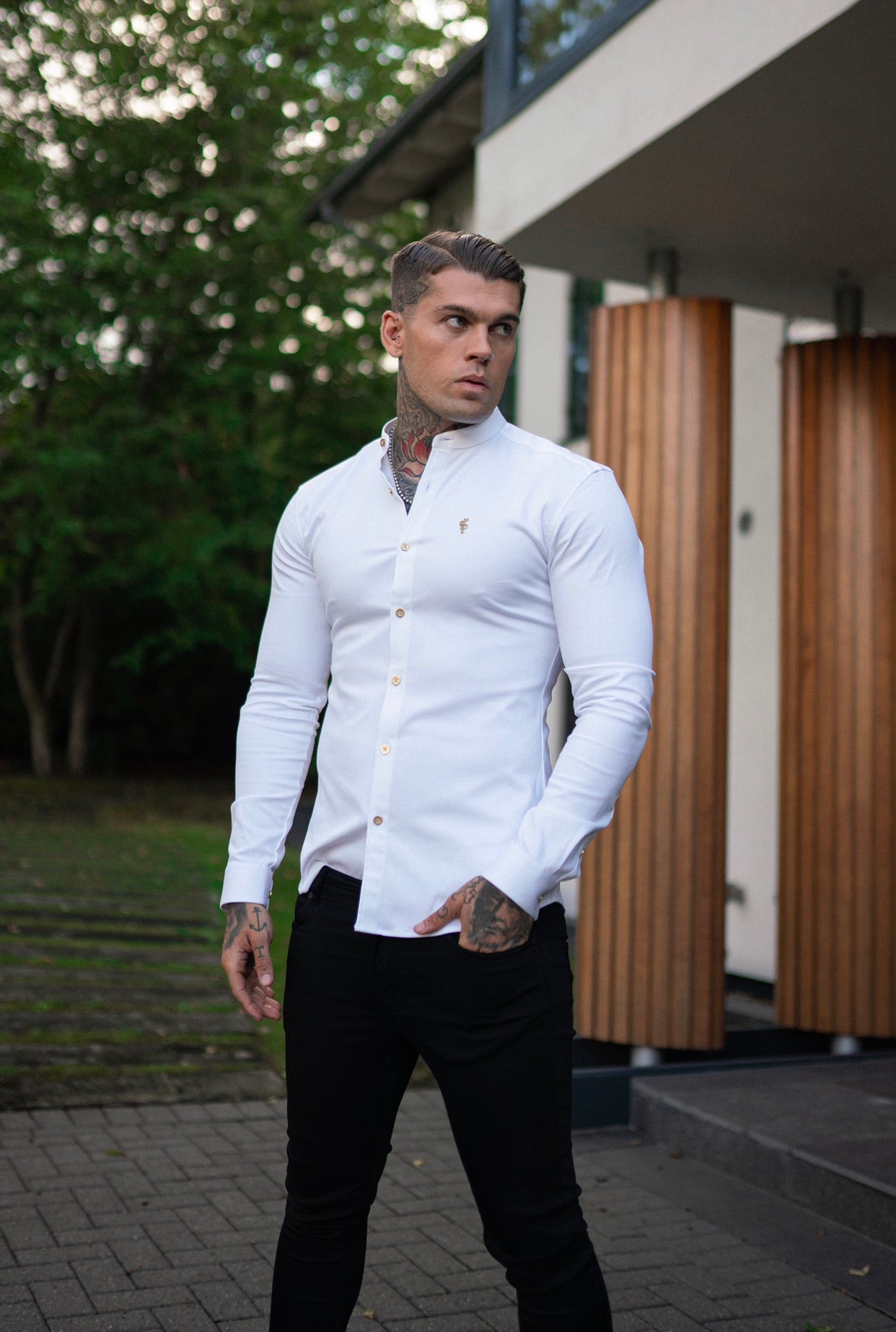 Super Slim Stretch White Denim Long Sleeve Grandad collar with Metal Buttons and Decal Emblem - FS719