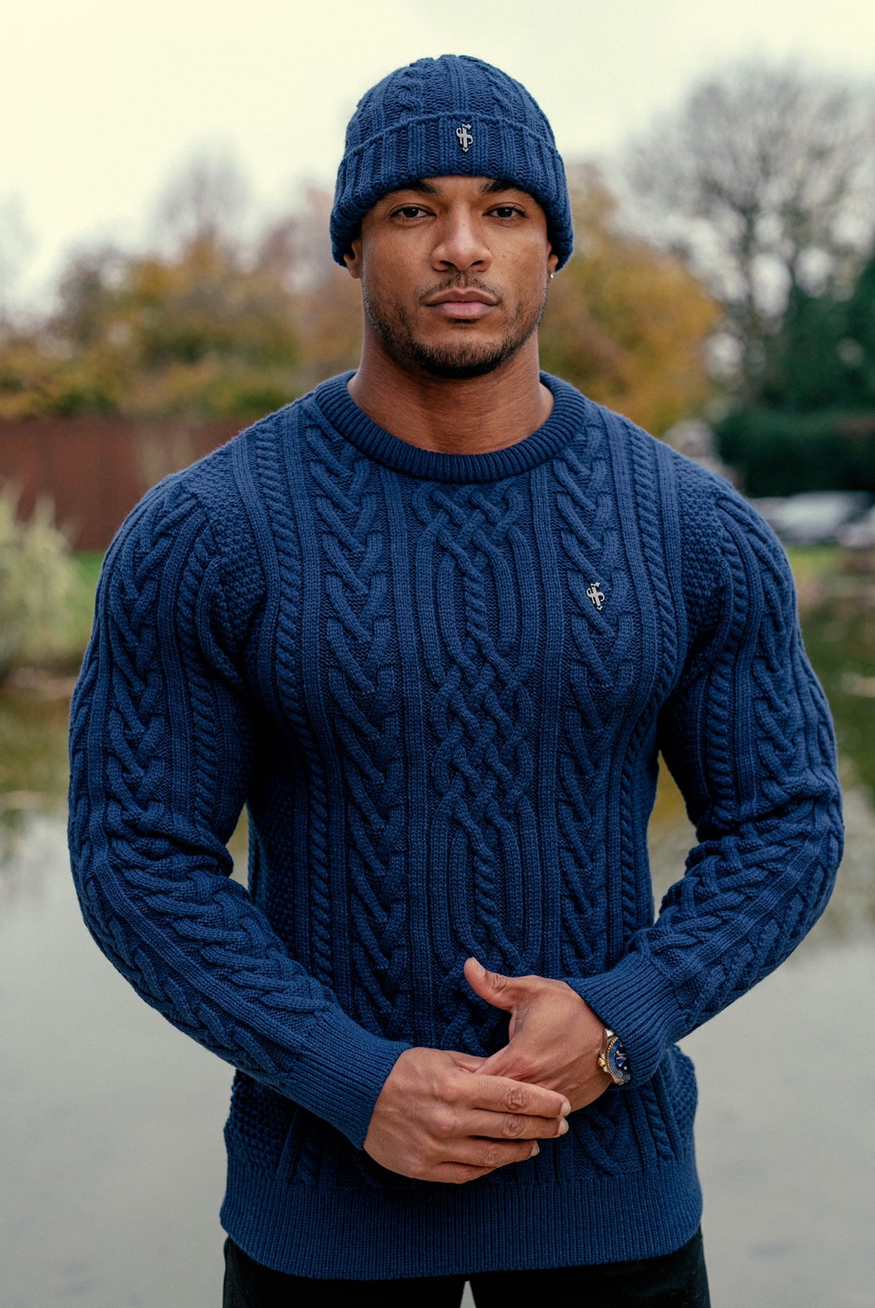 Father Sons Royal Blue Twisted Braid Weave Super Slim Sweater With Gunmetal Decal - FSJ042