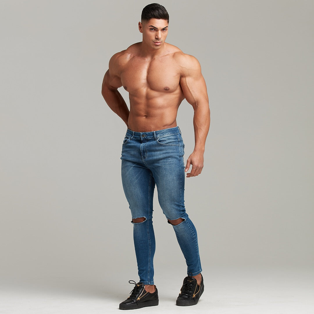 Slim Stretch Denim Blue Distressed Ripped Jeans - FSH403
