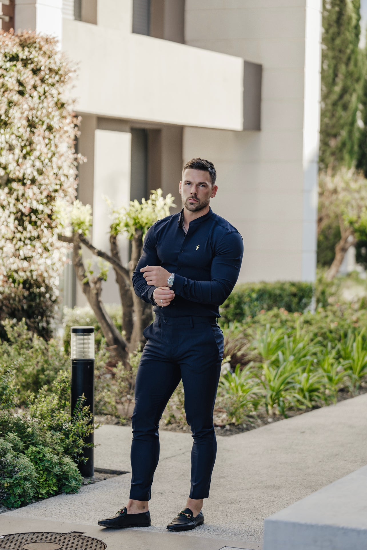 Super Slim Scuba Navy Long Sleeve Stretch With Grandad Collar - FS934