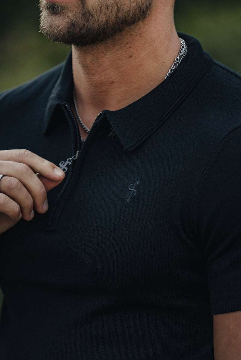 Father Sons Classic Black Merino Wool Knitted Zip Polo Short Sleeve Sweater With FS Embroidery- FSN023