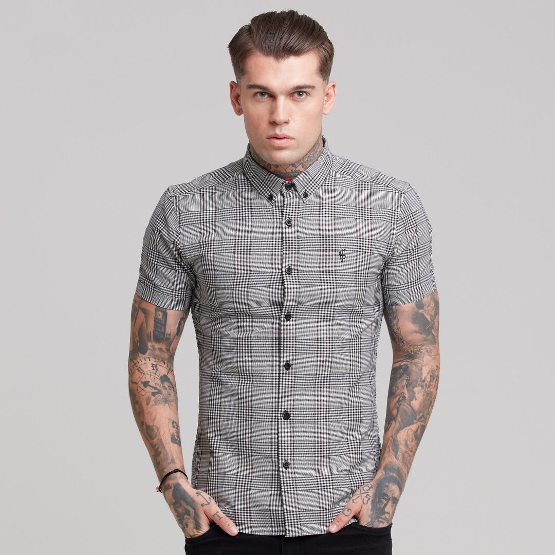 Super Slim Stretch Prince Of Wales White and Black Check Short Sleeve - FS460