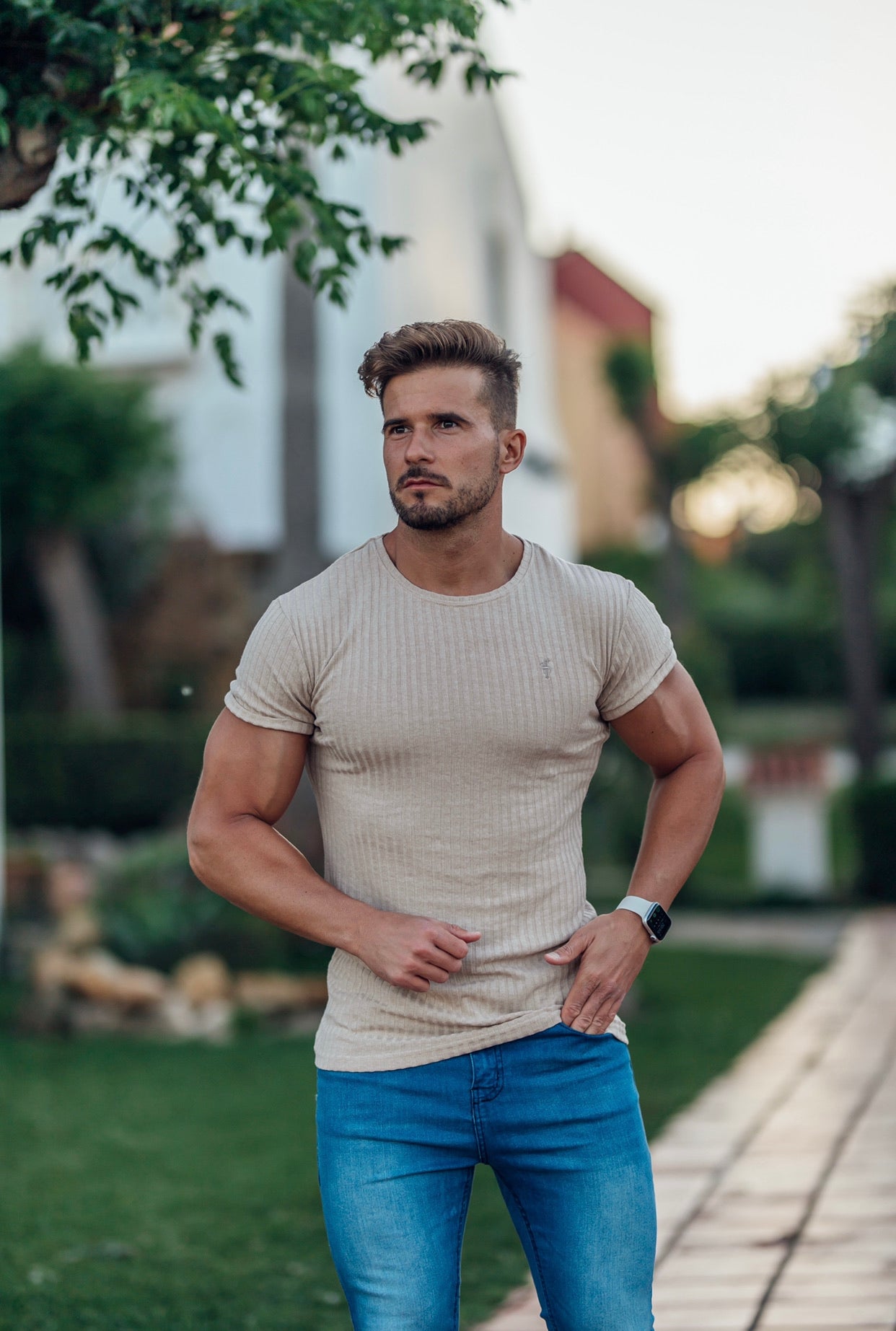 Classic Beige Ribbed Knit Short Sleeve Super Slim Long Line Crew - FSH295