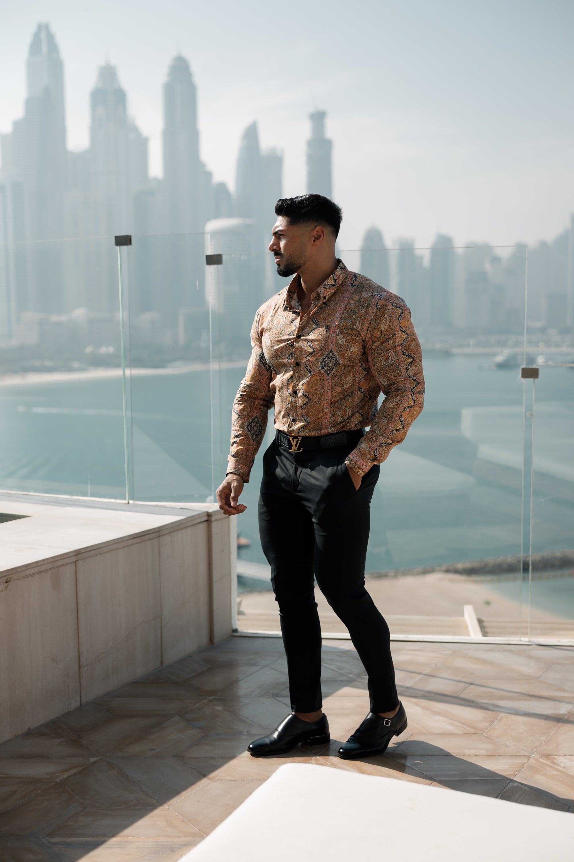 Super Slim Stretch Tan Paisley Print Long Sleeve with Button Down Collar - FS892