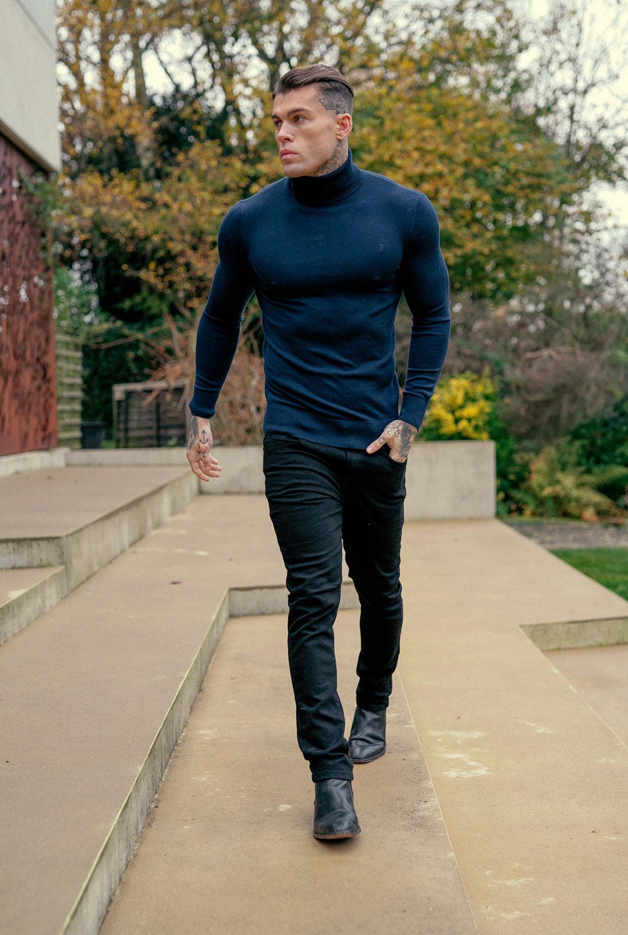 Father Sons Classic Navy Roll Neck Merino Wool Knitted Sweater With FS Embroidery - FSN011