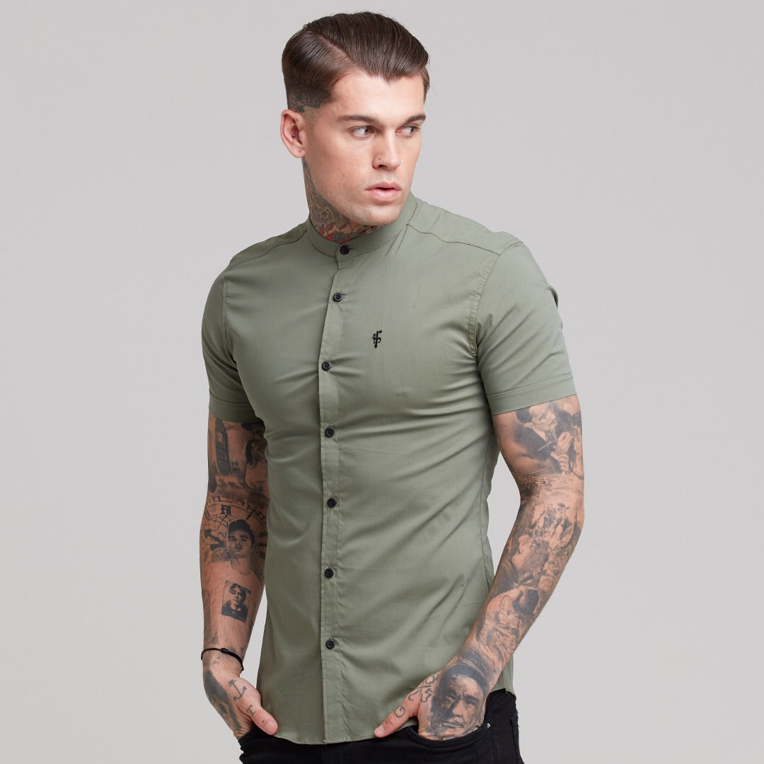 Super Slim Stretch Classic Khaki Grandad Collar Short Sleeve - FS291